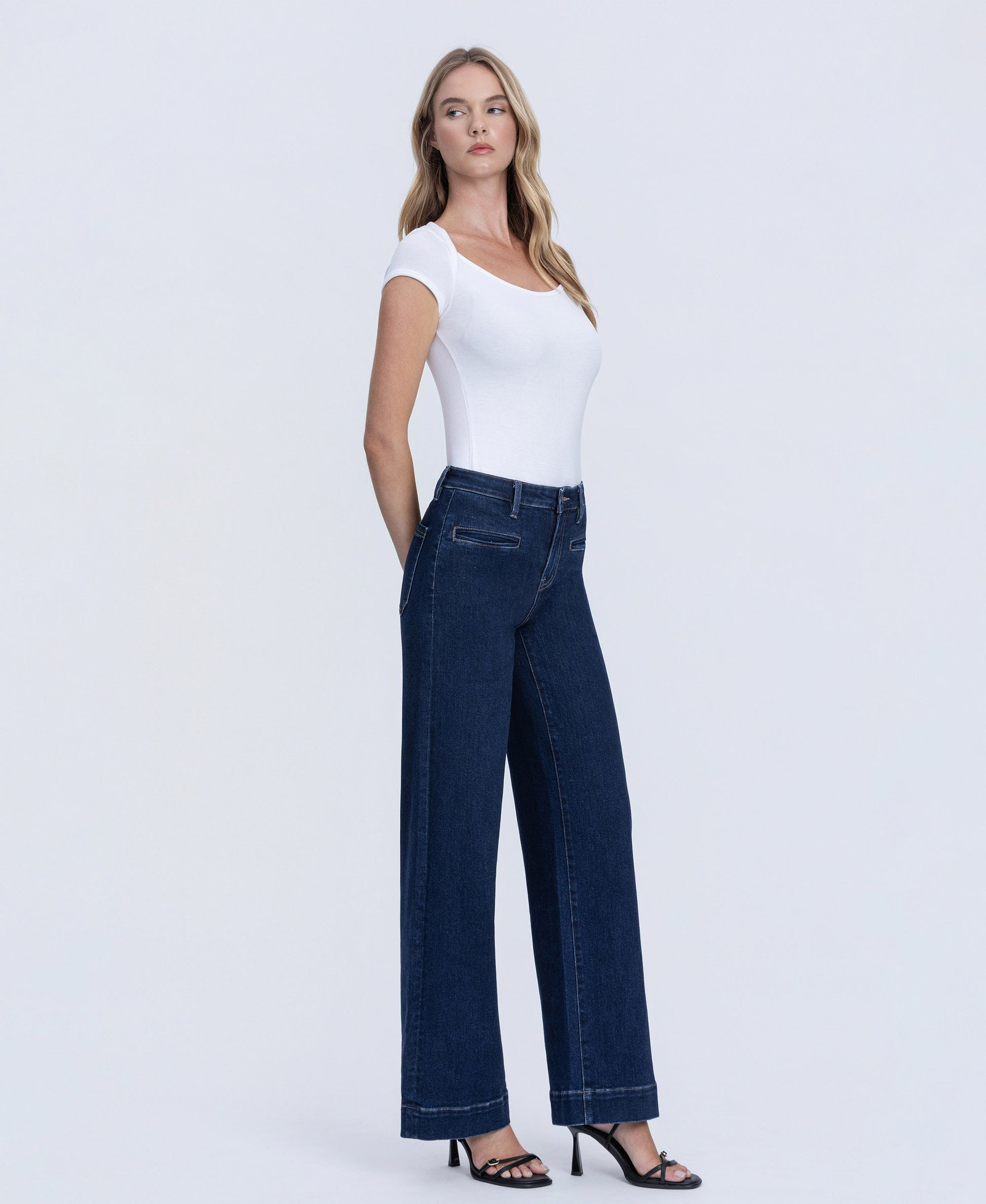 Right 45 degrees product image of Dark Wash - High Rise Front Welt Pocket Trouser Wide Leg Jeans