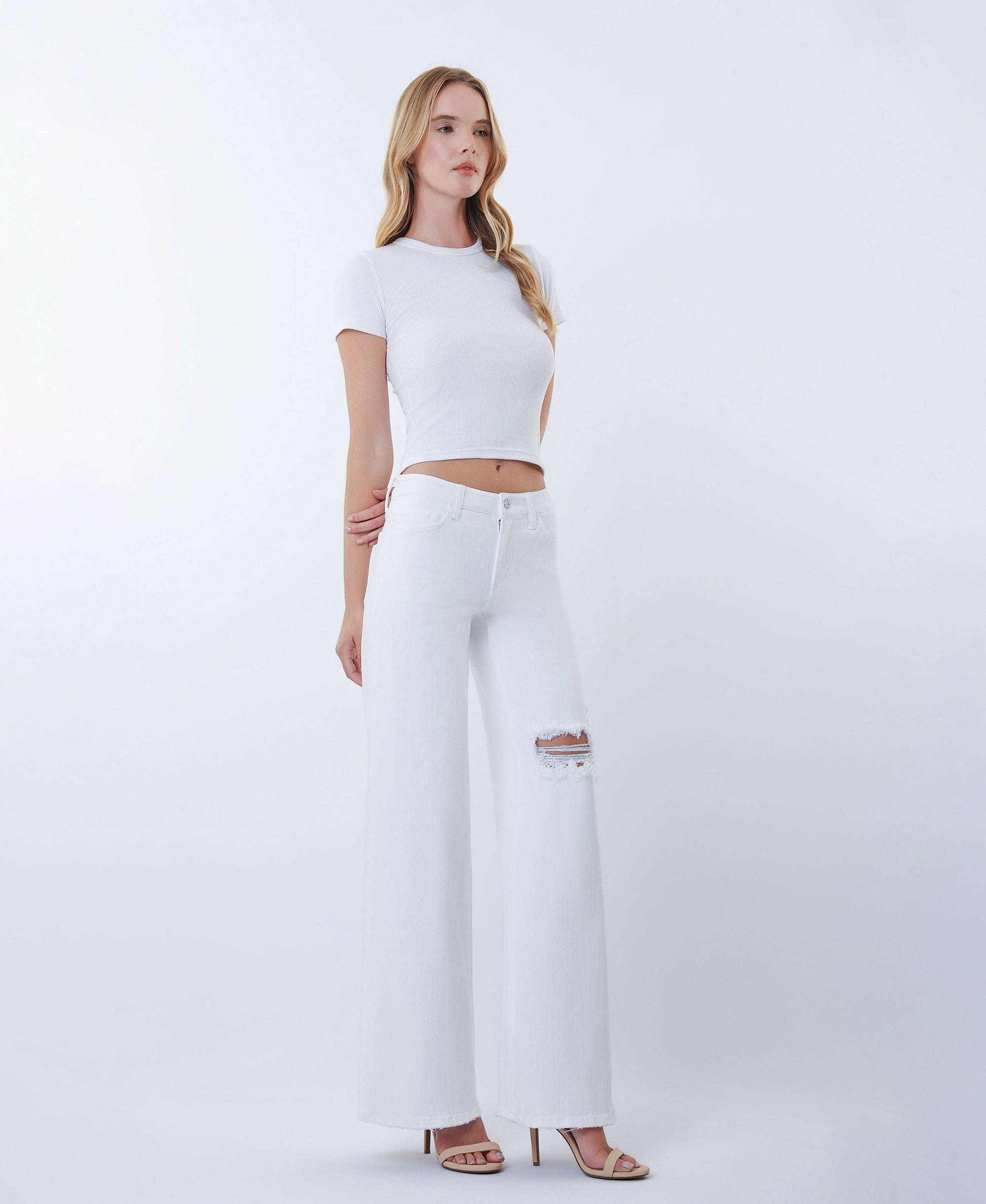 Right 45 degrees product image of Optic White - Mid Rise Distressed Wide Leg Jeans