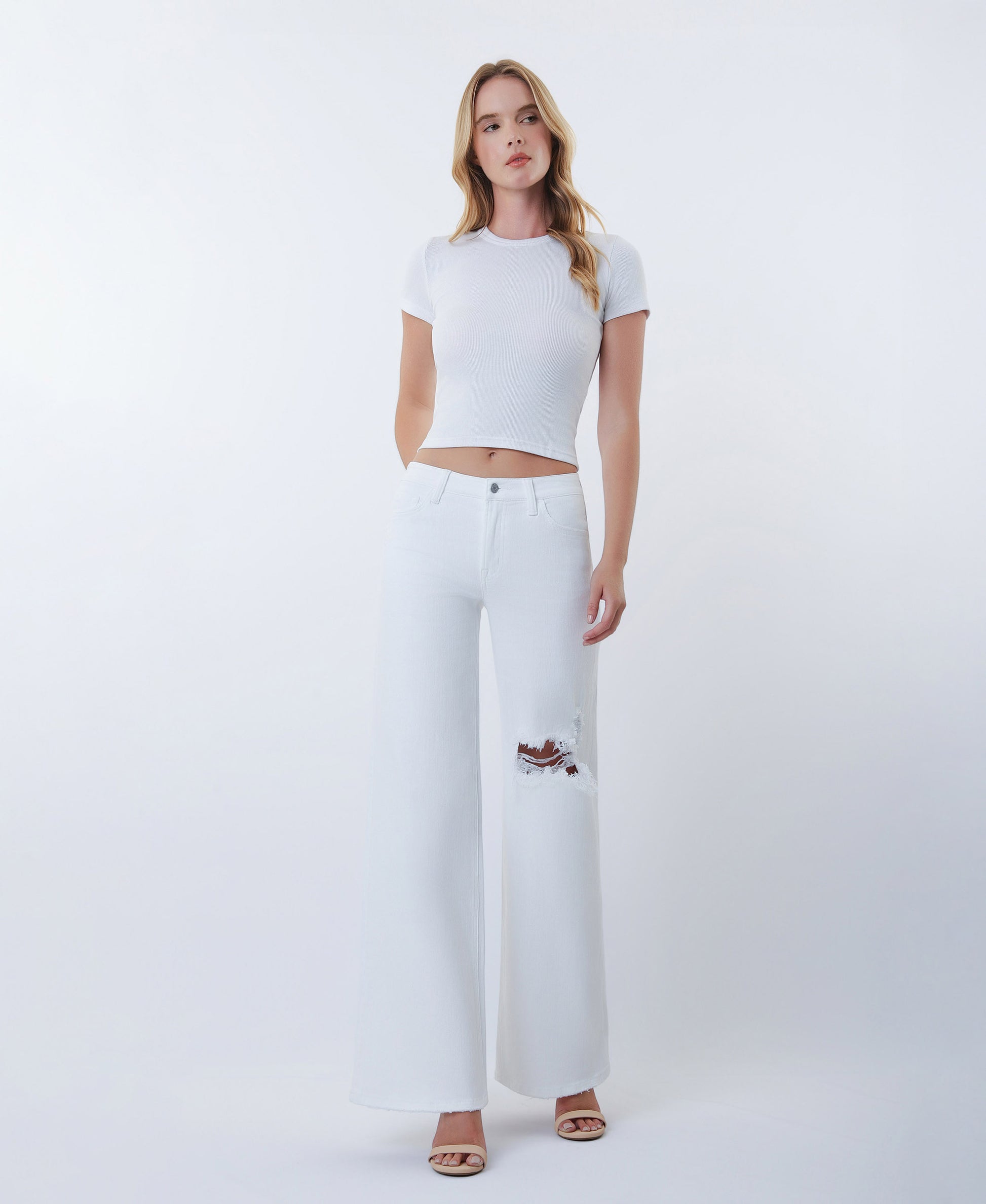 Front product images of Optic White - Mid Rise Distressed Wide Leg Jeans