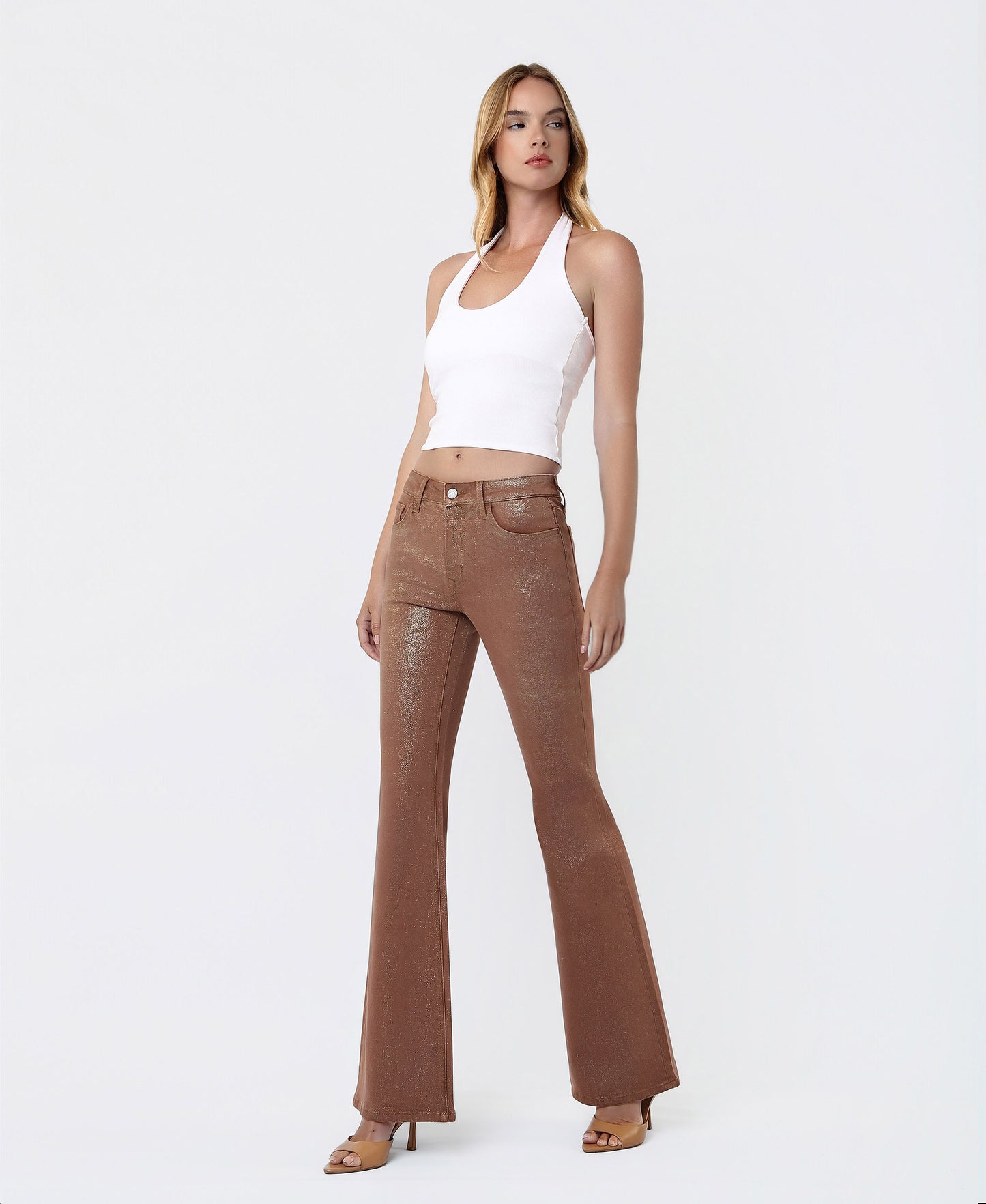 Left 45 degrees product image of Soft Silt - Mid Rise Gold Glitter Coated Flare Jeans