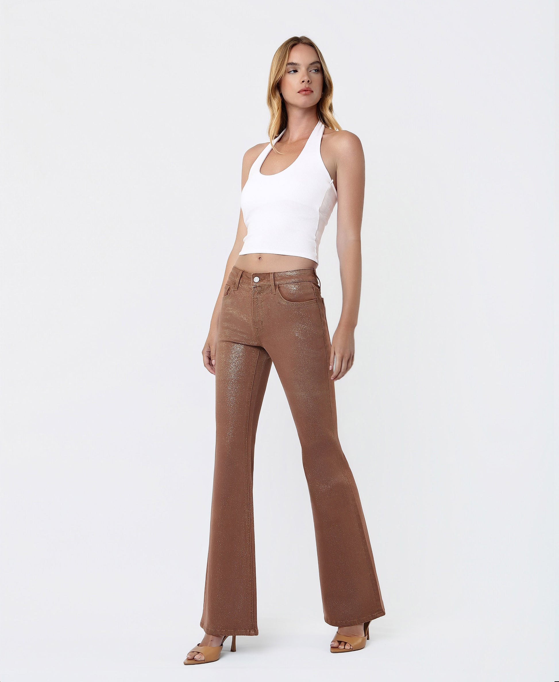 Left 45 degrees product image of Soft Silt - Mid Rise Gold Glitter Coated Flare Jeans