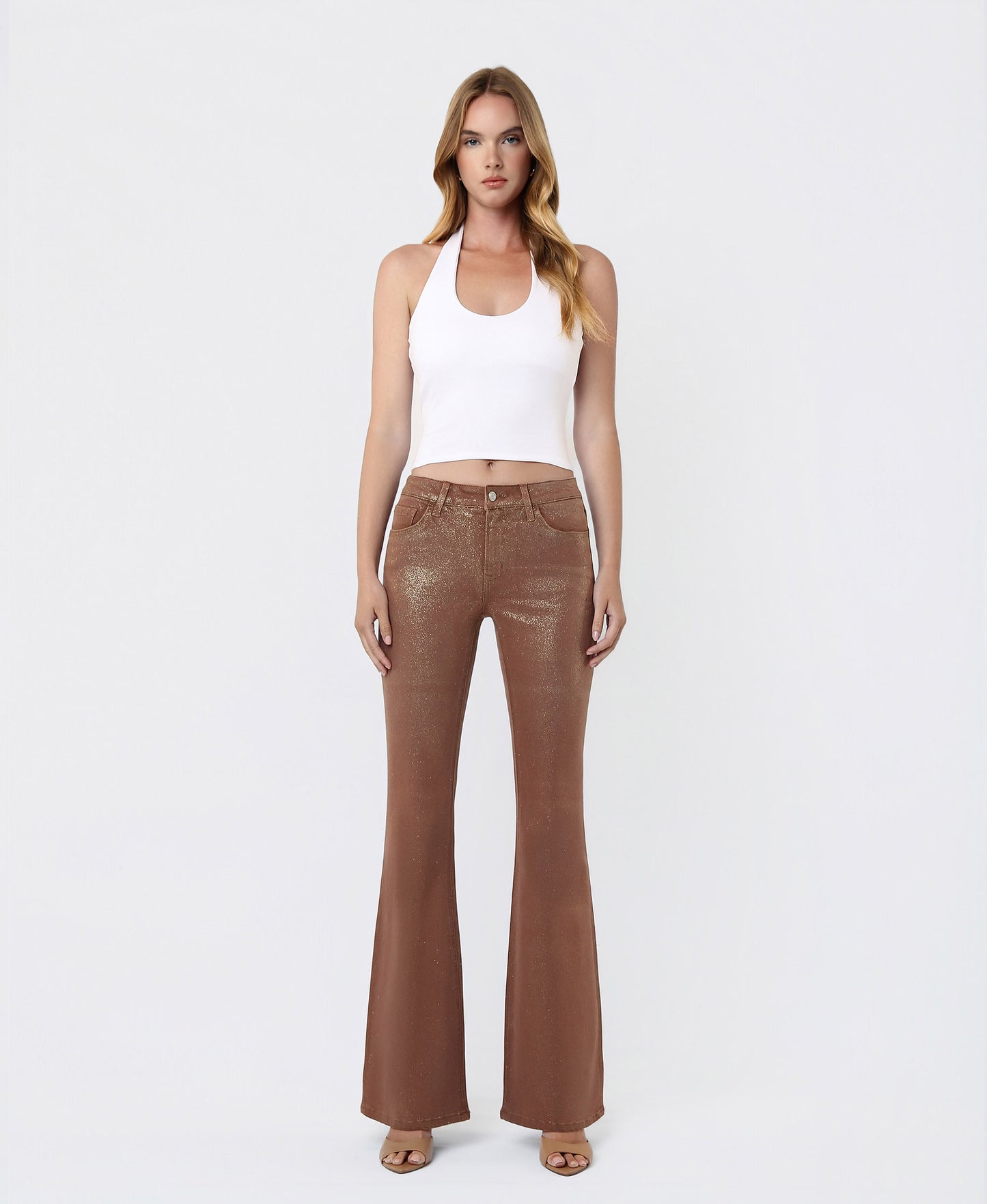 Front product images of Soft Silt - Mid Rise Gold Glitter Coated Flare Jeans