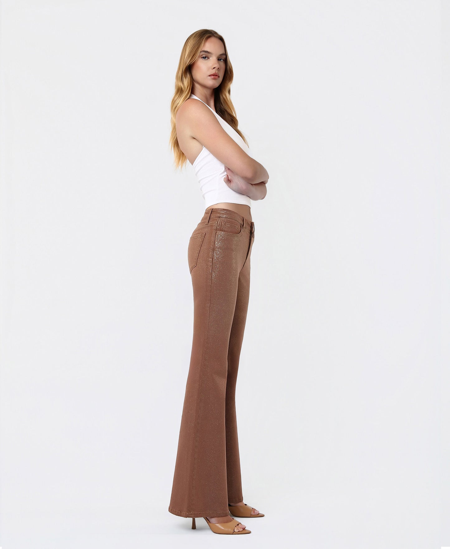 Right side product images of Soft Silt - Mid Rise Gold Glitter Coated Flare Jeans
