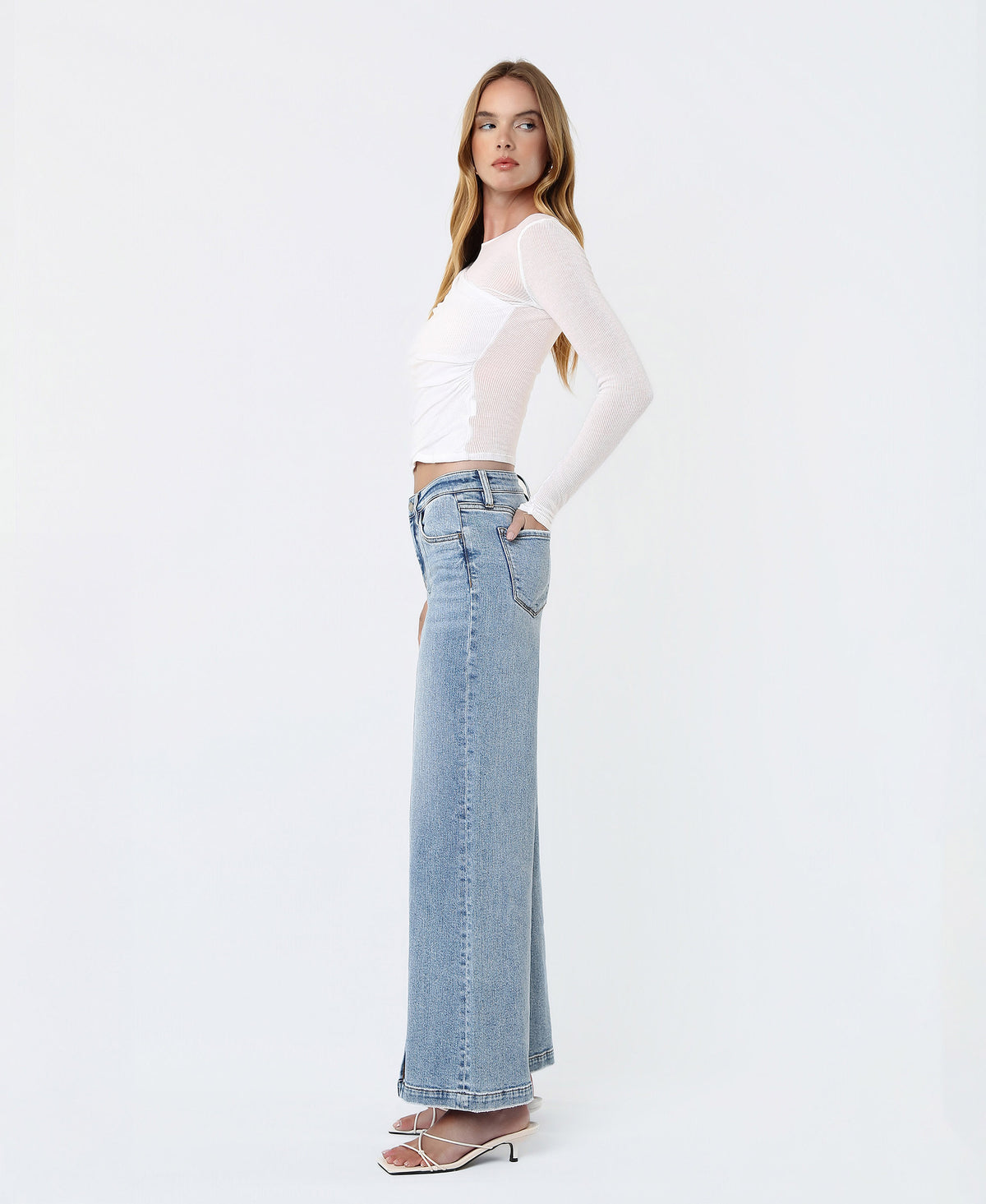 Left side product images of Breakthrough - Mid Rise Seam Detail W Front Slit Hem Wide Leg Jeans