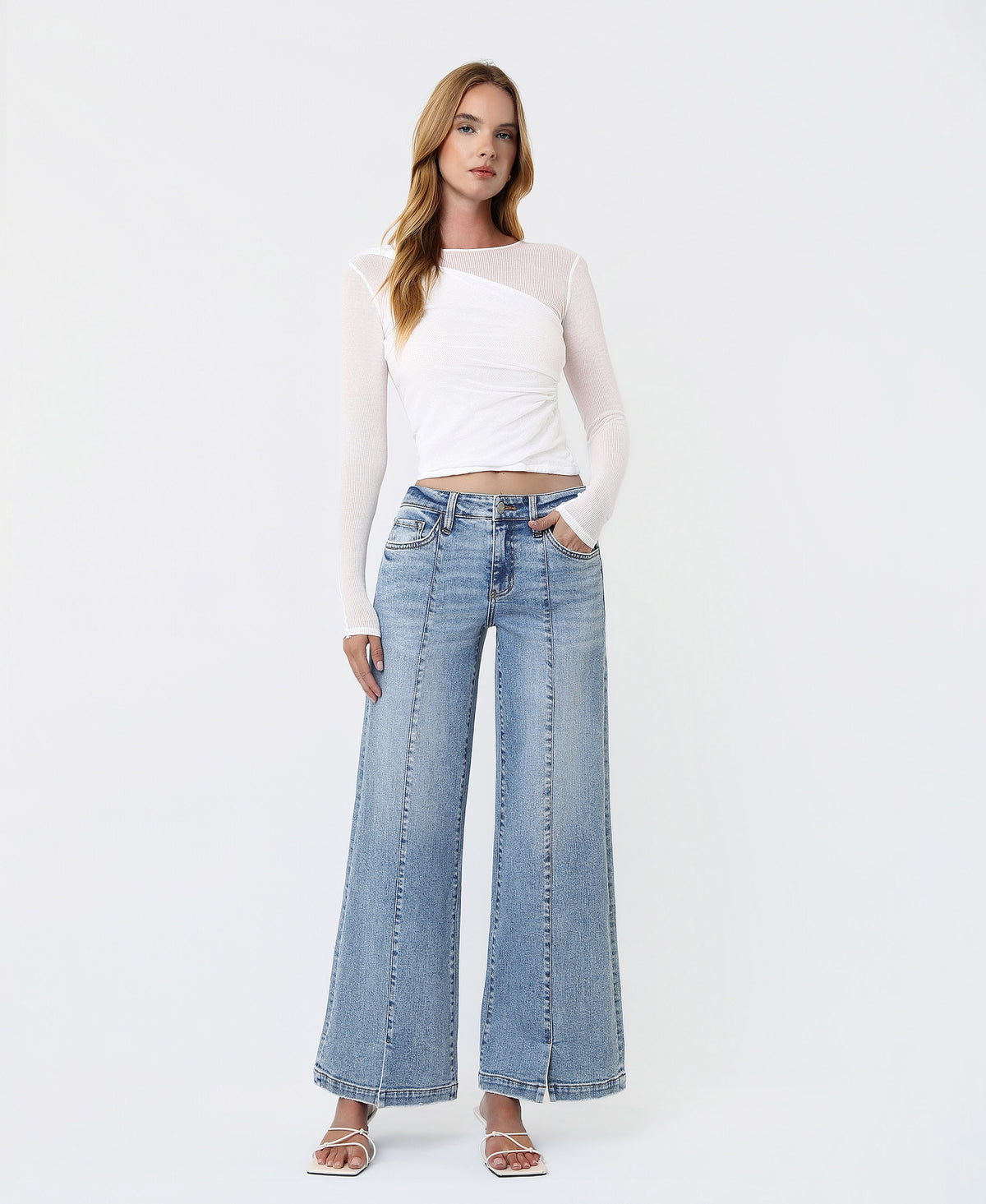 Front product images of Breakthrough - Mid Rise Seam Detail W Front Slit Hem Wide Leg Jeans