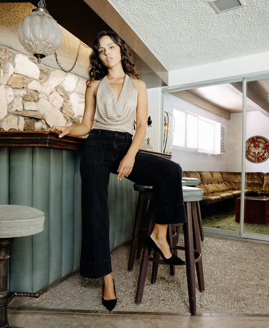 editorial image of Black - High Rise Patch Pocket Pin Tuck Wide Leg Jeans