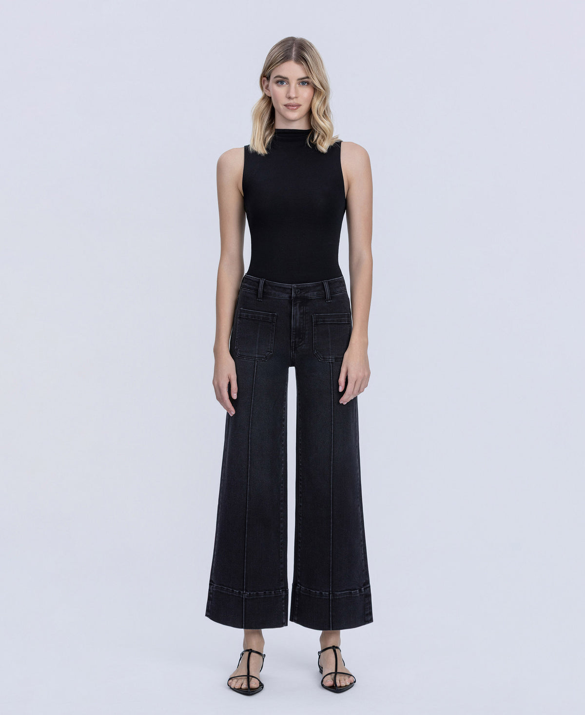 Front product images of Black - High Rise Patch Pocket Pin Tuck Wide Leg Jeans