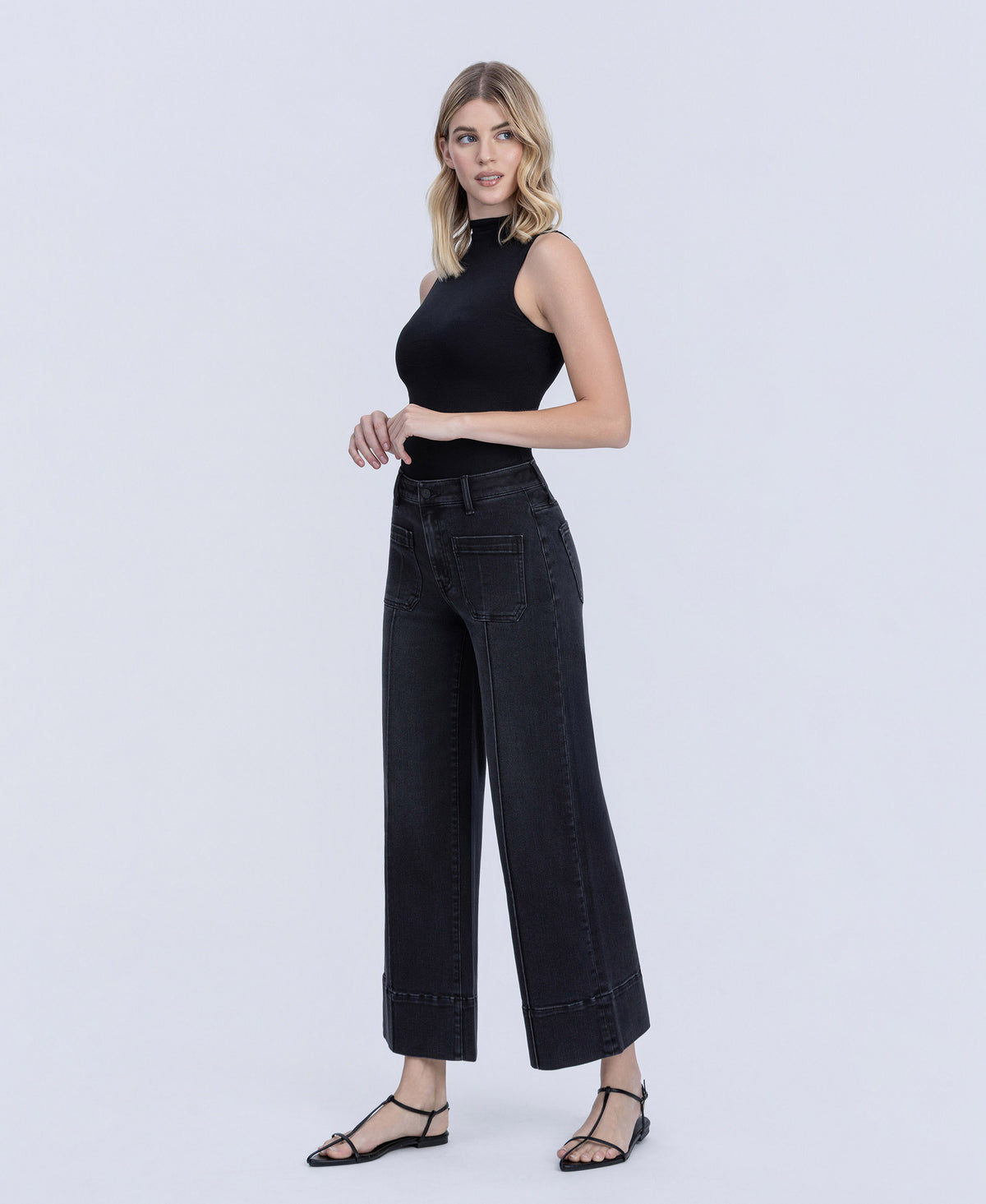 Left 45 degrees product image of Black - High Rise Patch Pocket Pin Tuck Wide Leg Jeans