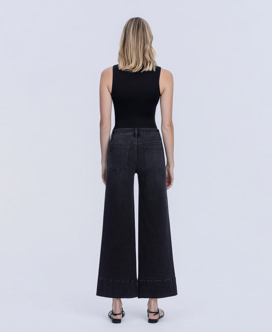 Back product images of Black - High Rise Patch Pocket Pin Tuck Wide Leg Jeans
