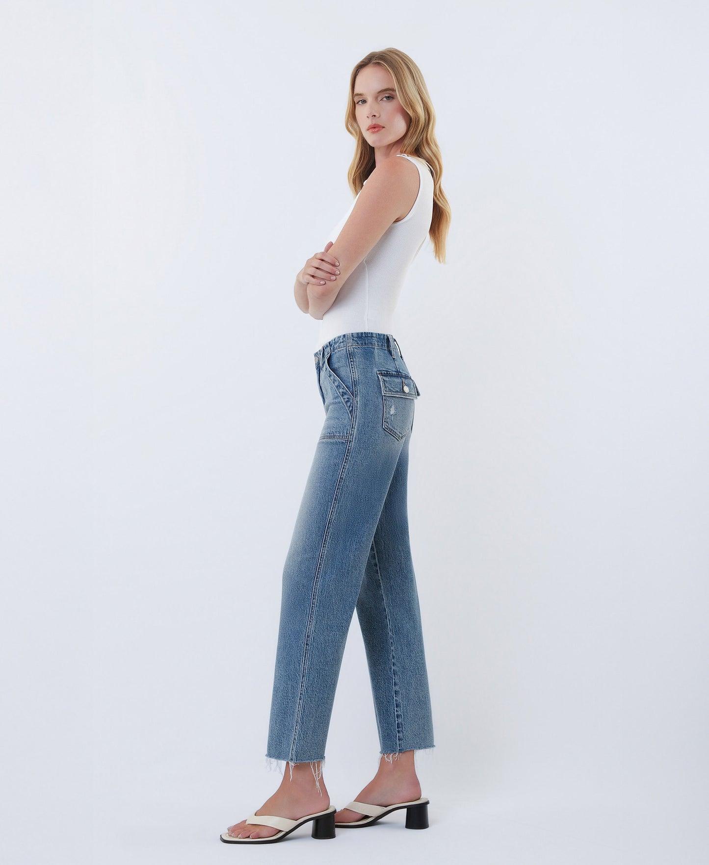 Left side product images of Fantasy - High Rise Patch Pocket Slim Wide Leg Jeans