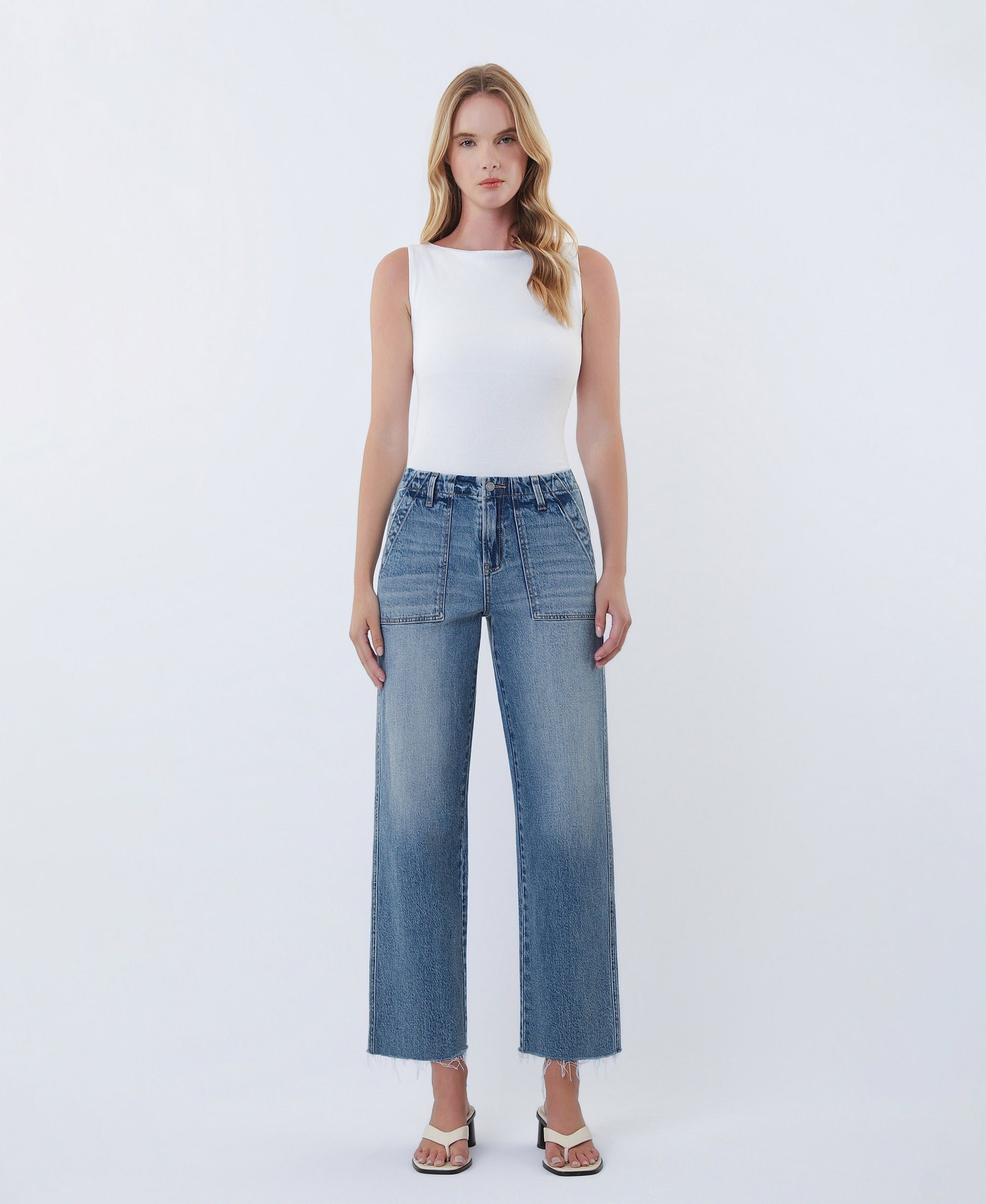 Front product images of Fantasy - High Rise Patch Pocket Slim Wide Leg Jeans
