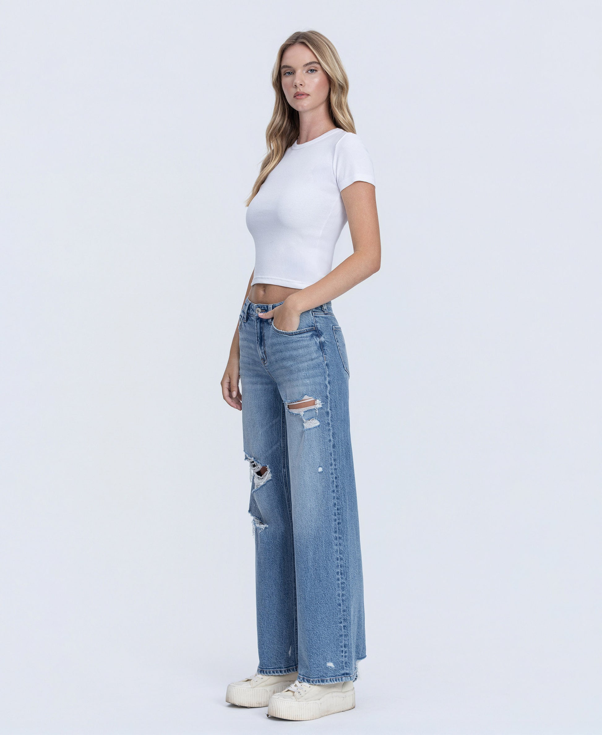 Left 45 degrees product image of Enchanting - High Rise Distressed Wide Leg Jeans