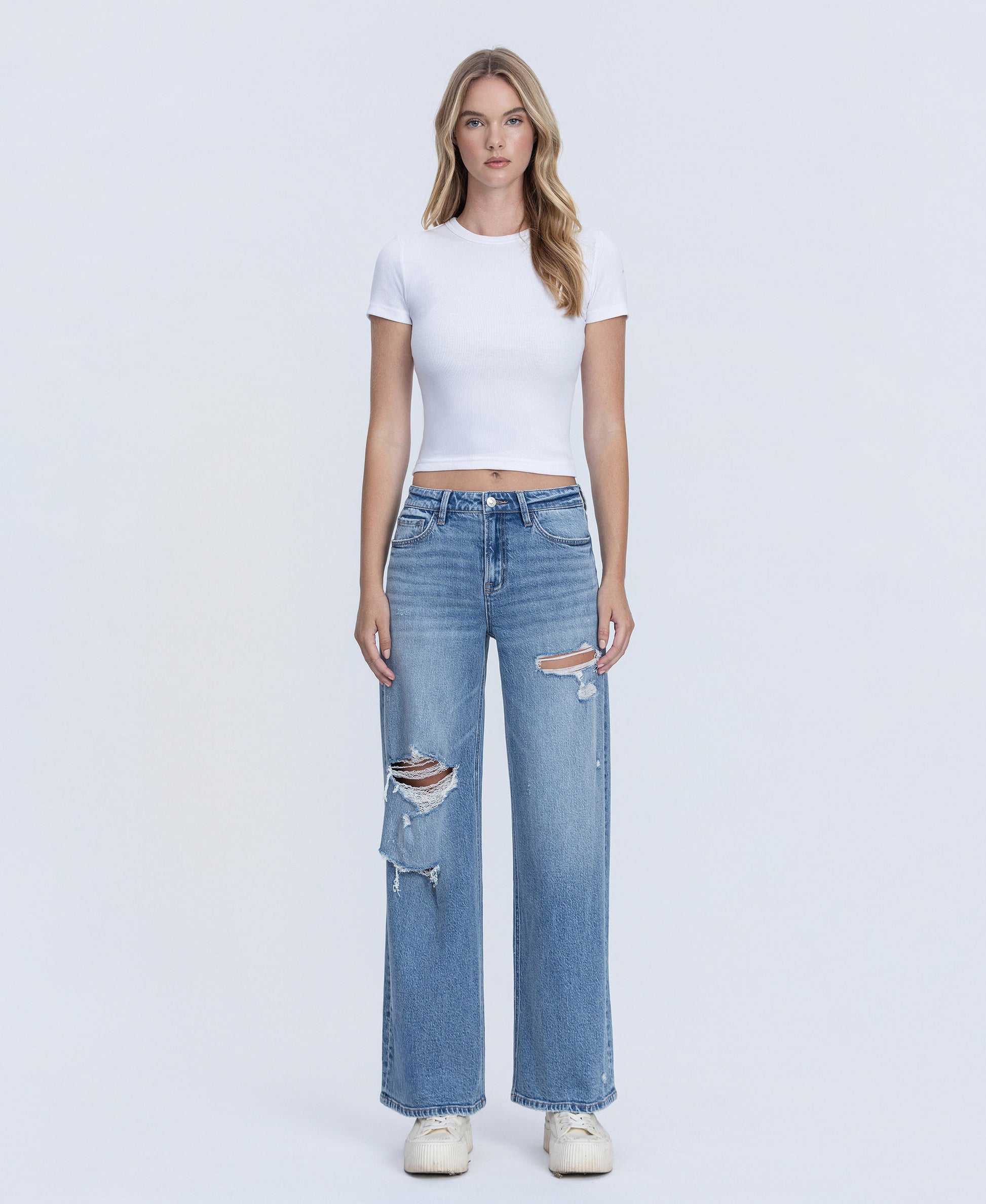 Front product images of Enchanting - High Rise Distressed Wide Leg Jeans