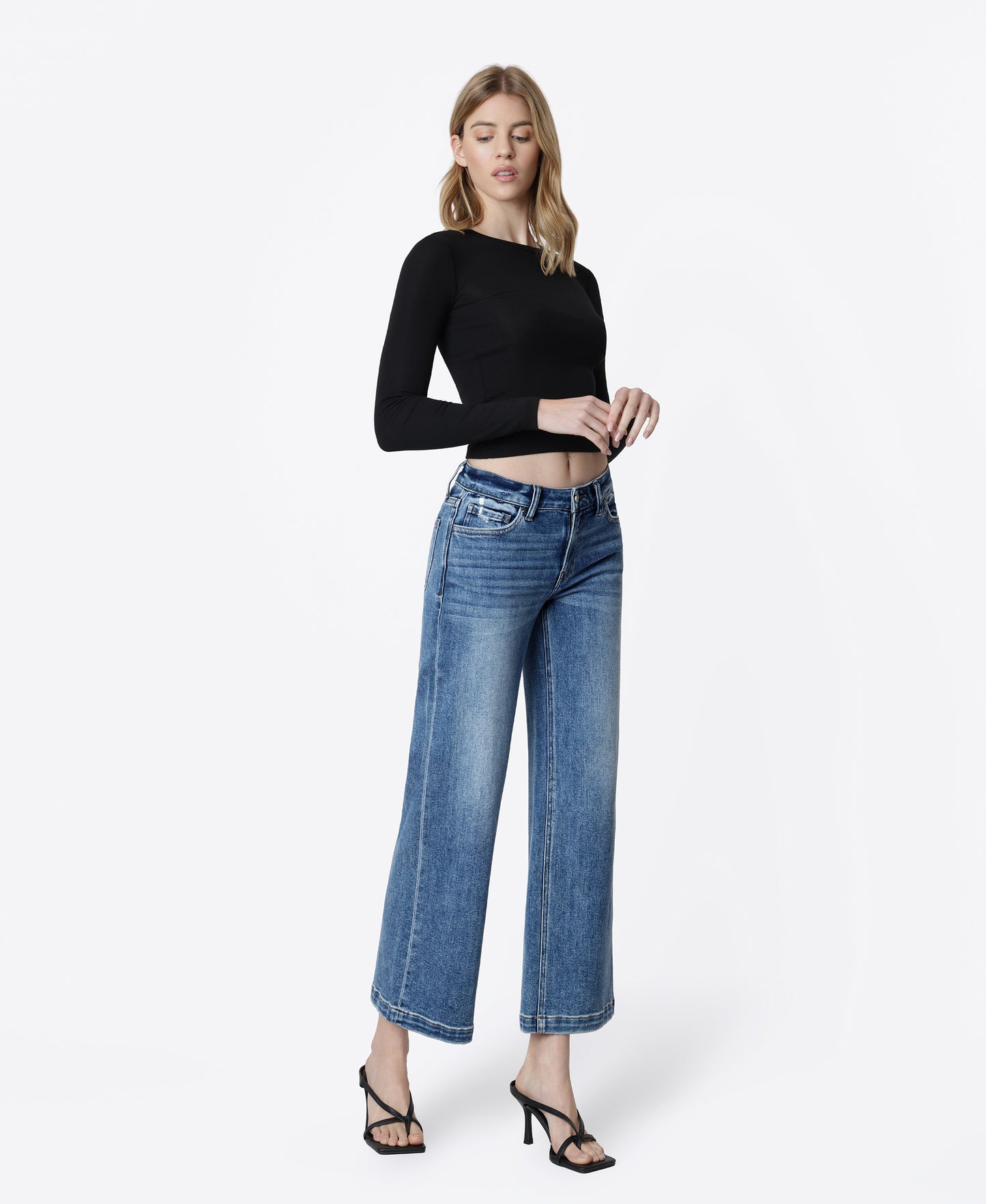 Right 45 degrees product image of Cherish - Mid Rise Ankle Wide Leg Jeans