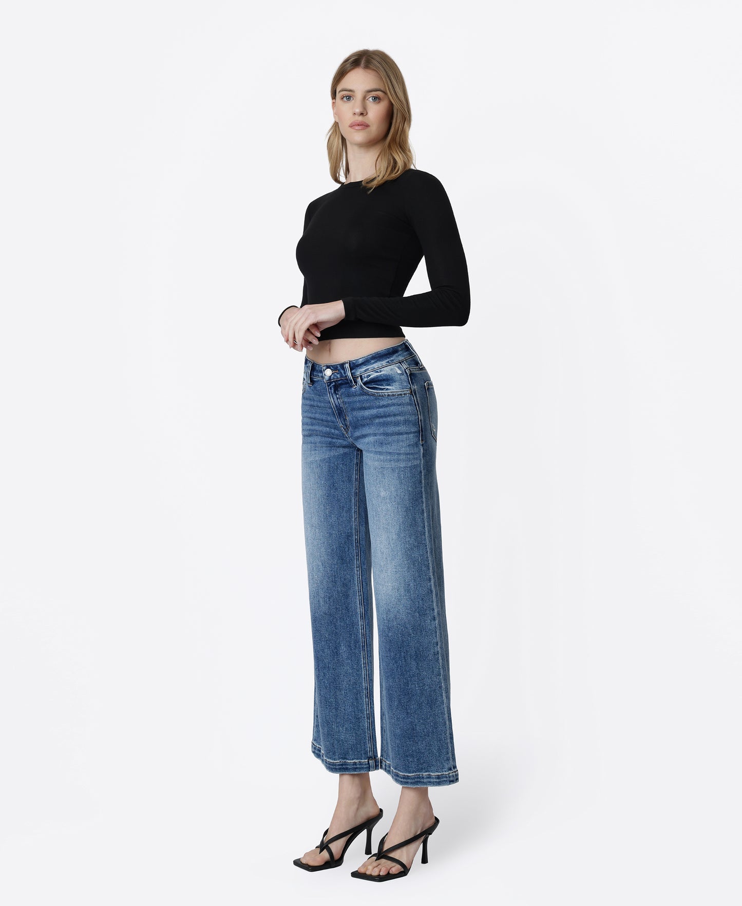 Left 45 degrees product image of Cherish - Mid Rise Ankle Wide Leg Jeans