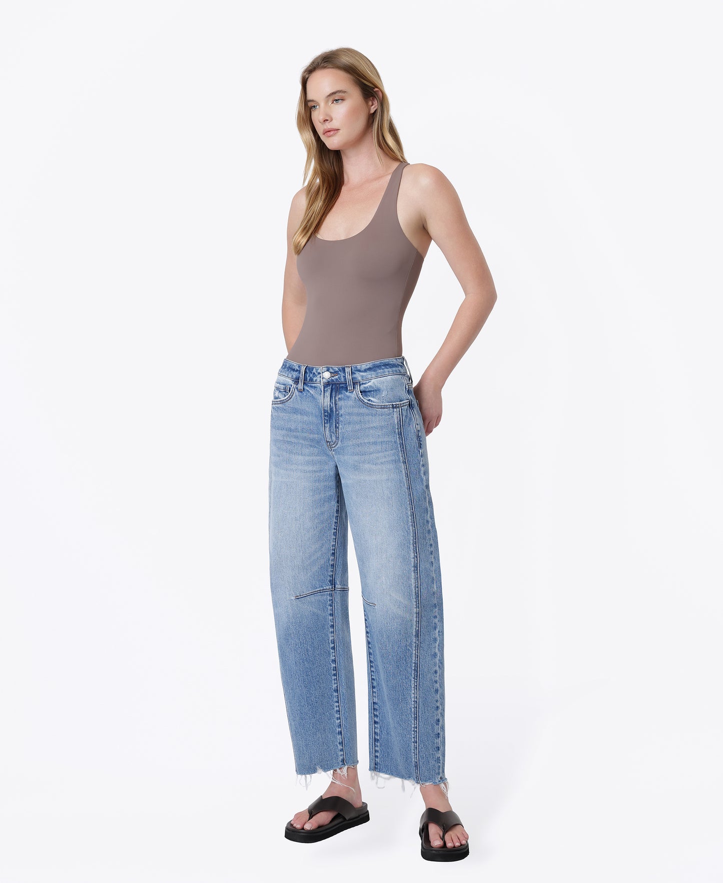 Left 45 degrees product image of Civilize - High Rise Raw Hem Seam Detail Crop Barrel Jeans