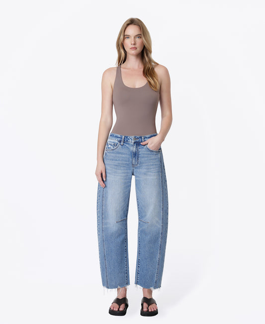 Front product images of Civilize - High Rise Raw Hem Seam Detail Crop Barrel Jeans