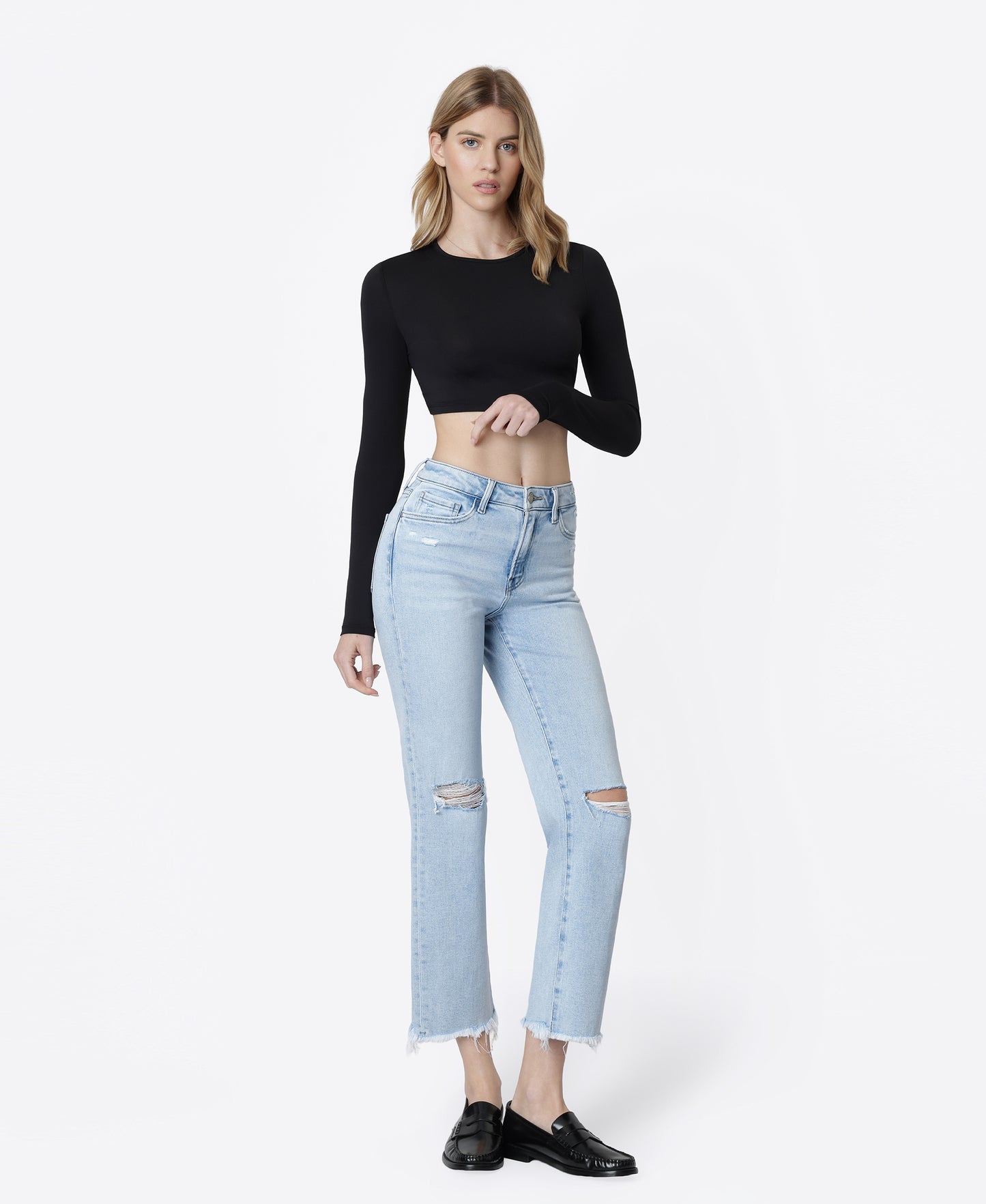 Right 45 degrees product image of Electrostatic - High Rise Distressed Ankle Straight Jeans
