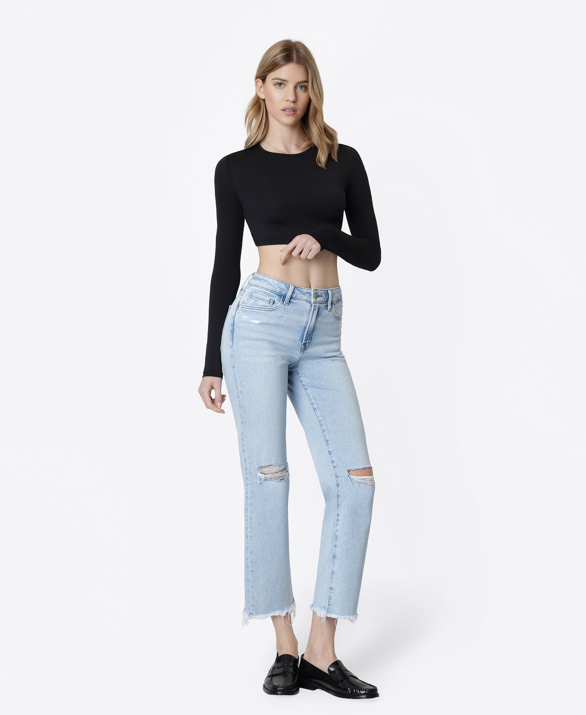 Right 45 degrees product image of Electrostatic - High Rise Distressed Ankle Straight Jeans