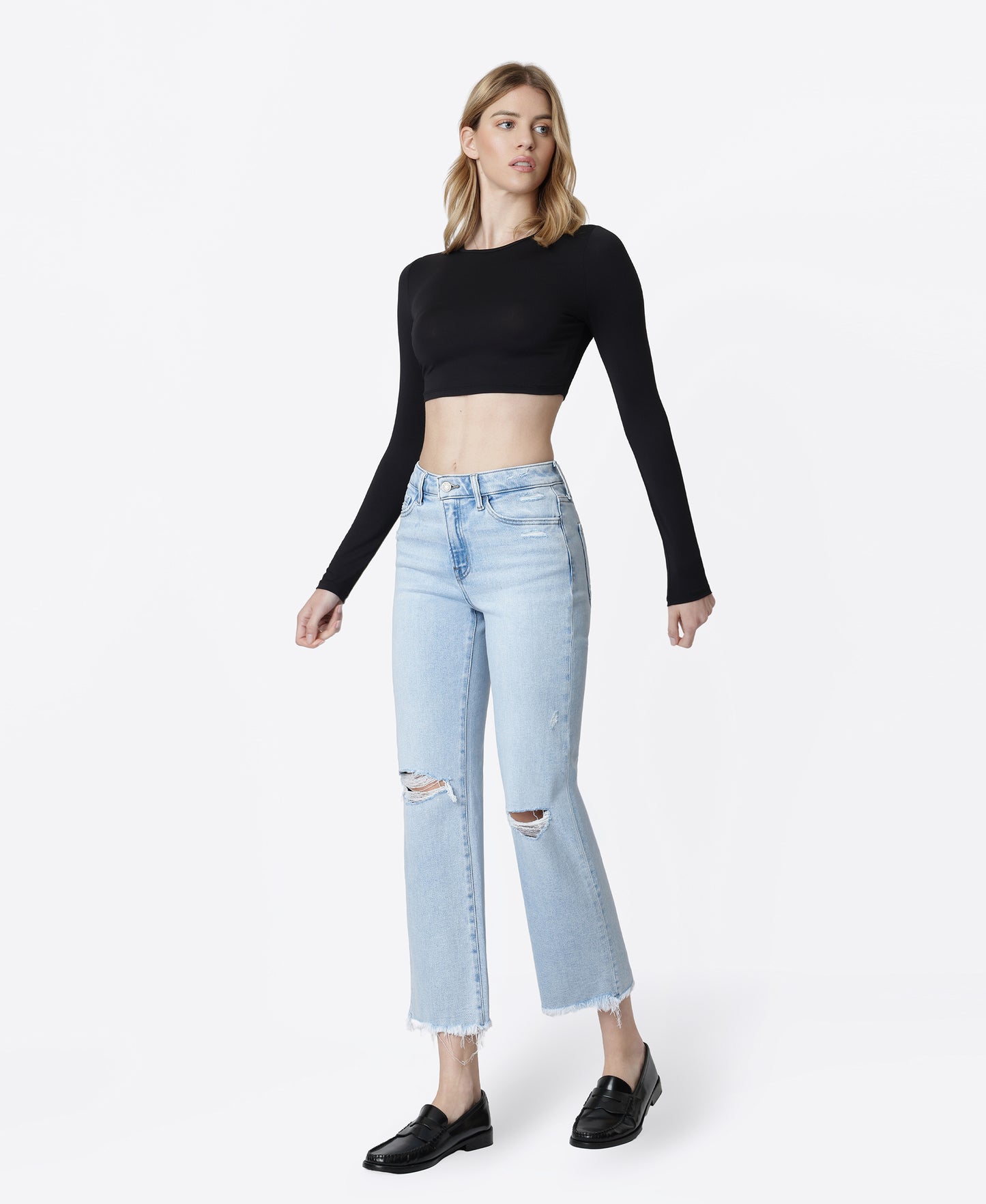 Left 45 degrees product image of Electrostatic - High Rise Distressed Ankle Straight Jeans