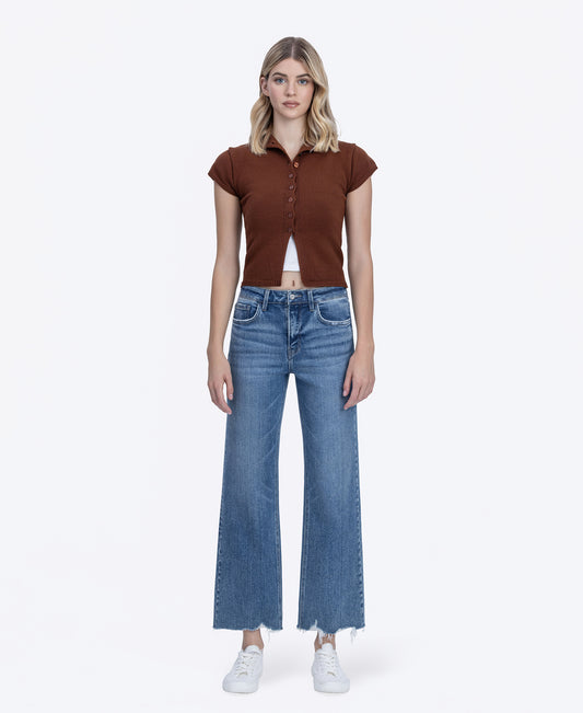 Front product images of Emphasized - High Rise Distressed Hem Ankle Slim Wide Leg Jeans
