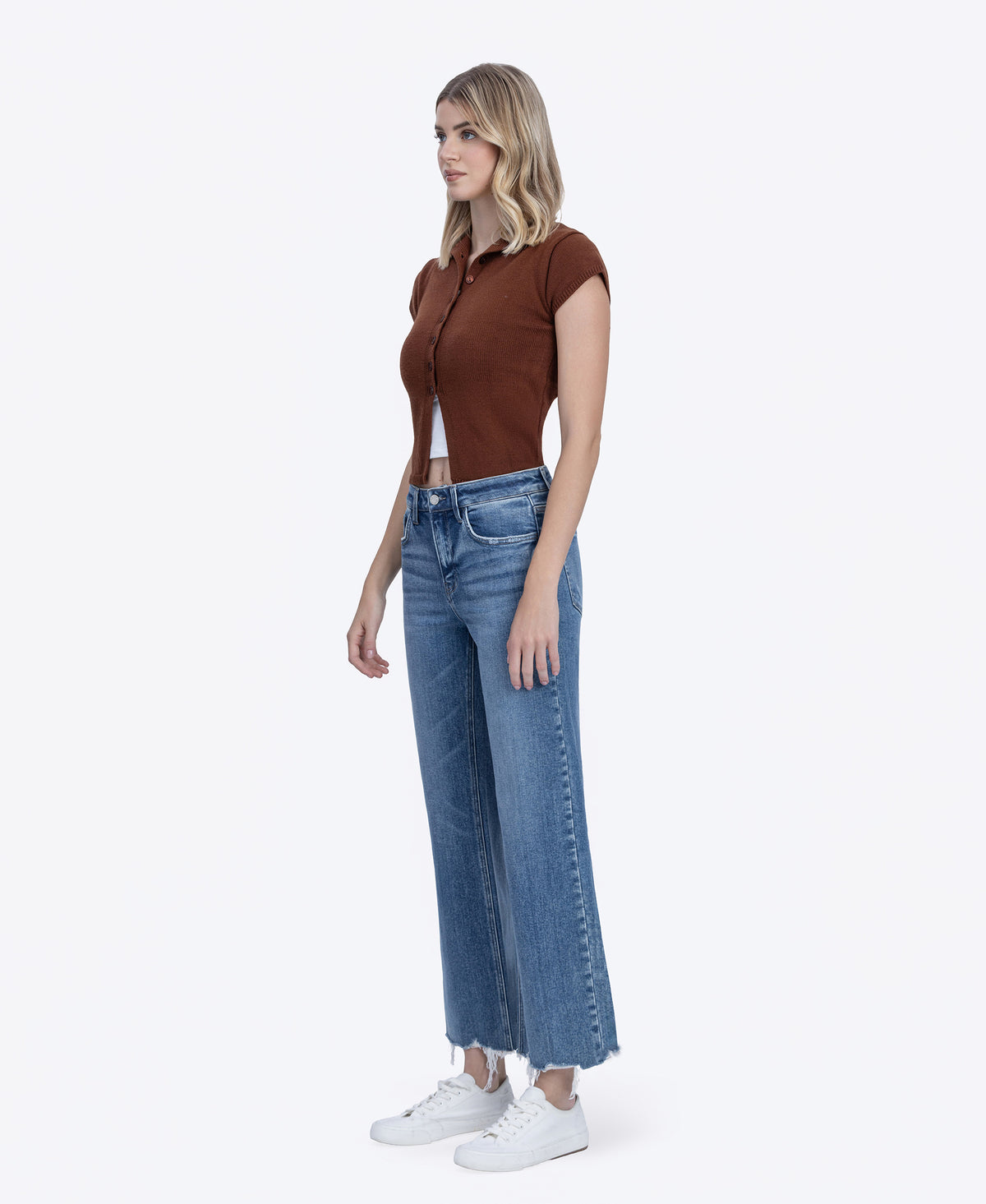 Left 45 degrees product image of Emphasized - High Rise Distressed Hem Ankle Slim Wide Leg Jeans