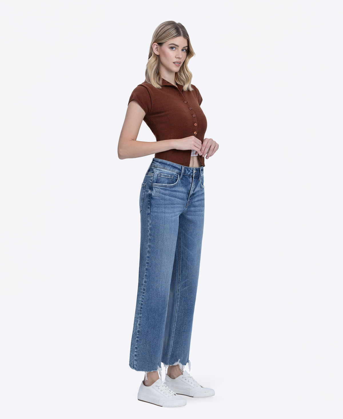 Right 45 degrees product image of Emphasized - High Rise Distressed Hem Ankle Slim Wide Leg Jeans