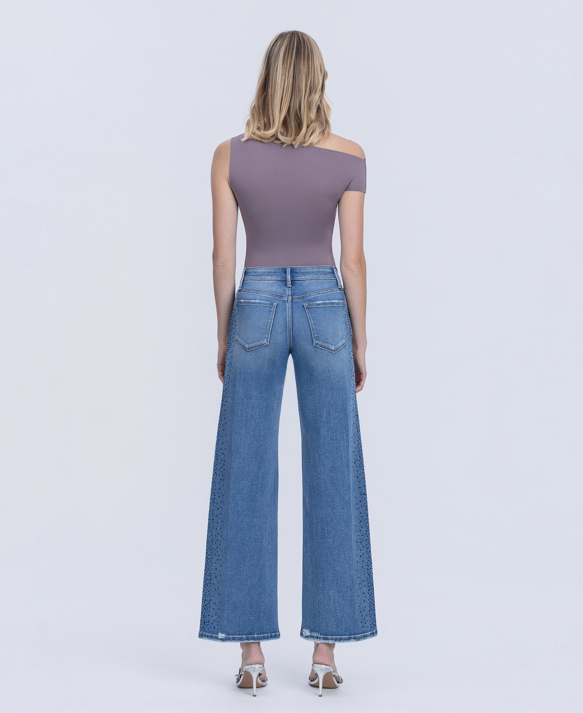 Back product images of Glow - Mid Rise Stone Embellished Wide Leg Jeans