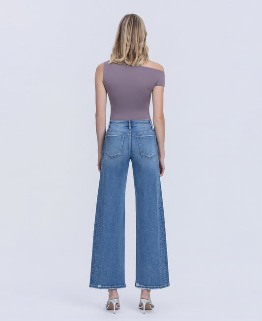 Back product images of Glow - Mid Rise Stone Embellished Wide Leg Jeans