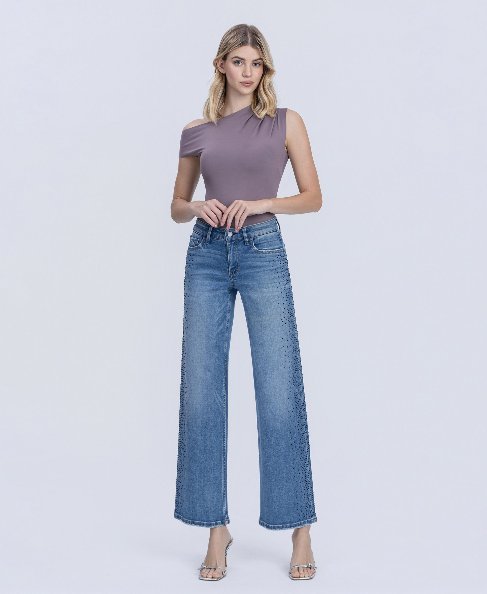 Front product images of Glow - Mid Rise Stone Embellished Wide Leg Jeans