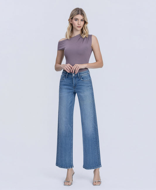 Front product images of Glow - Mid Rise Stone Embellished Wide Leg Jeans