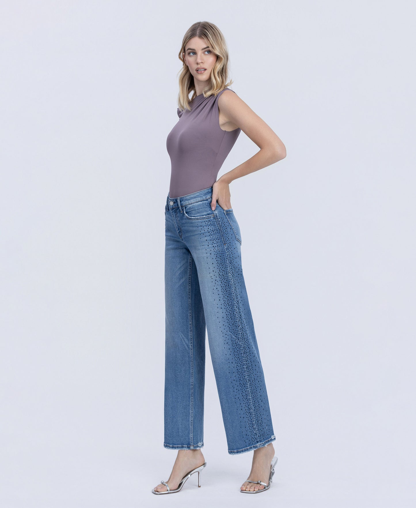 Left 45 degrees product image of Glow - Mid Rise Stone Embellished Wide Leg Jeans