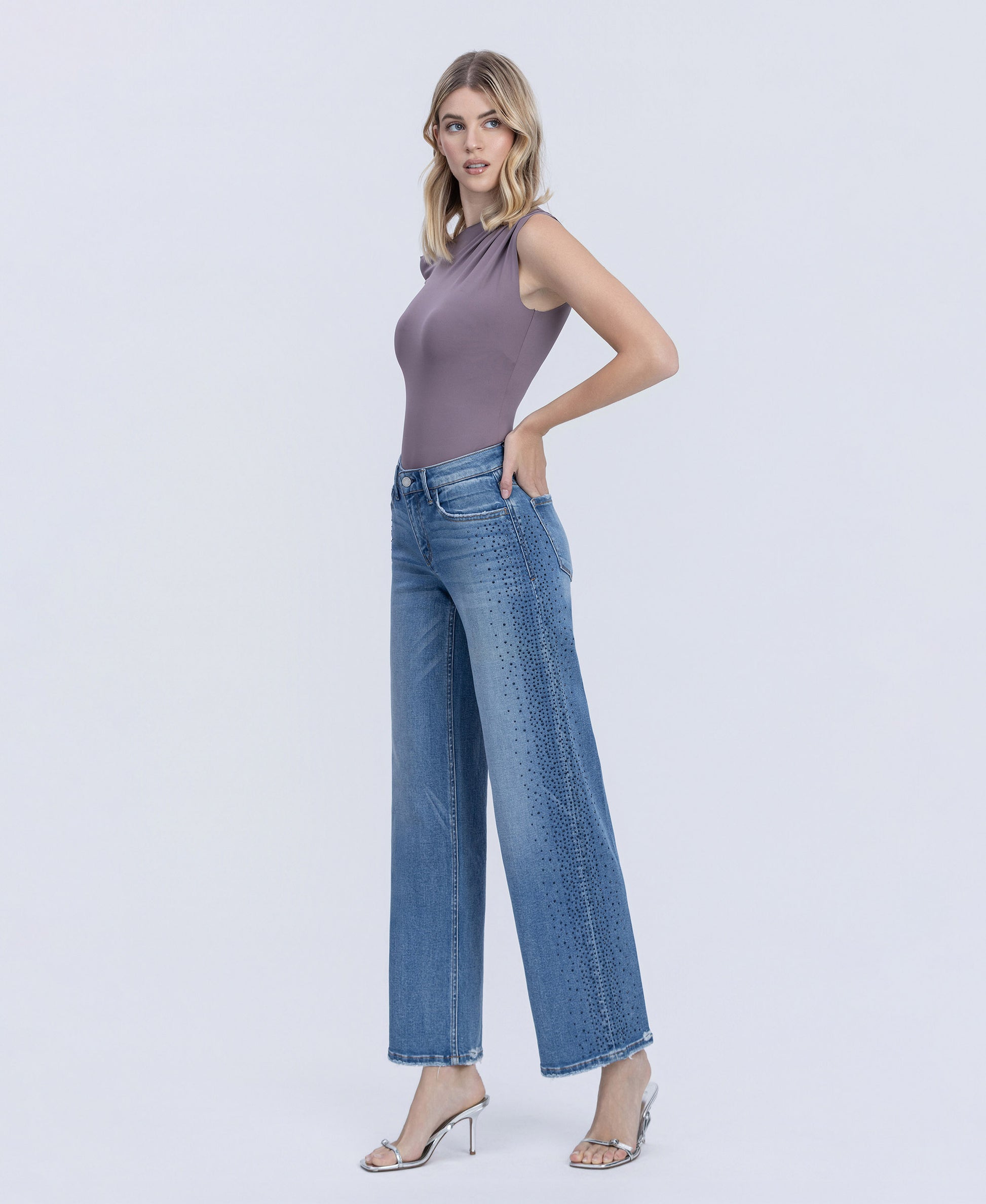 Left 45 degrees product image of Glow - Mid Rise Stone Embellished Wide Leg Jeans