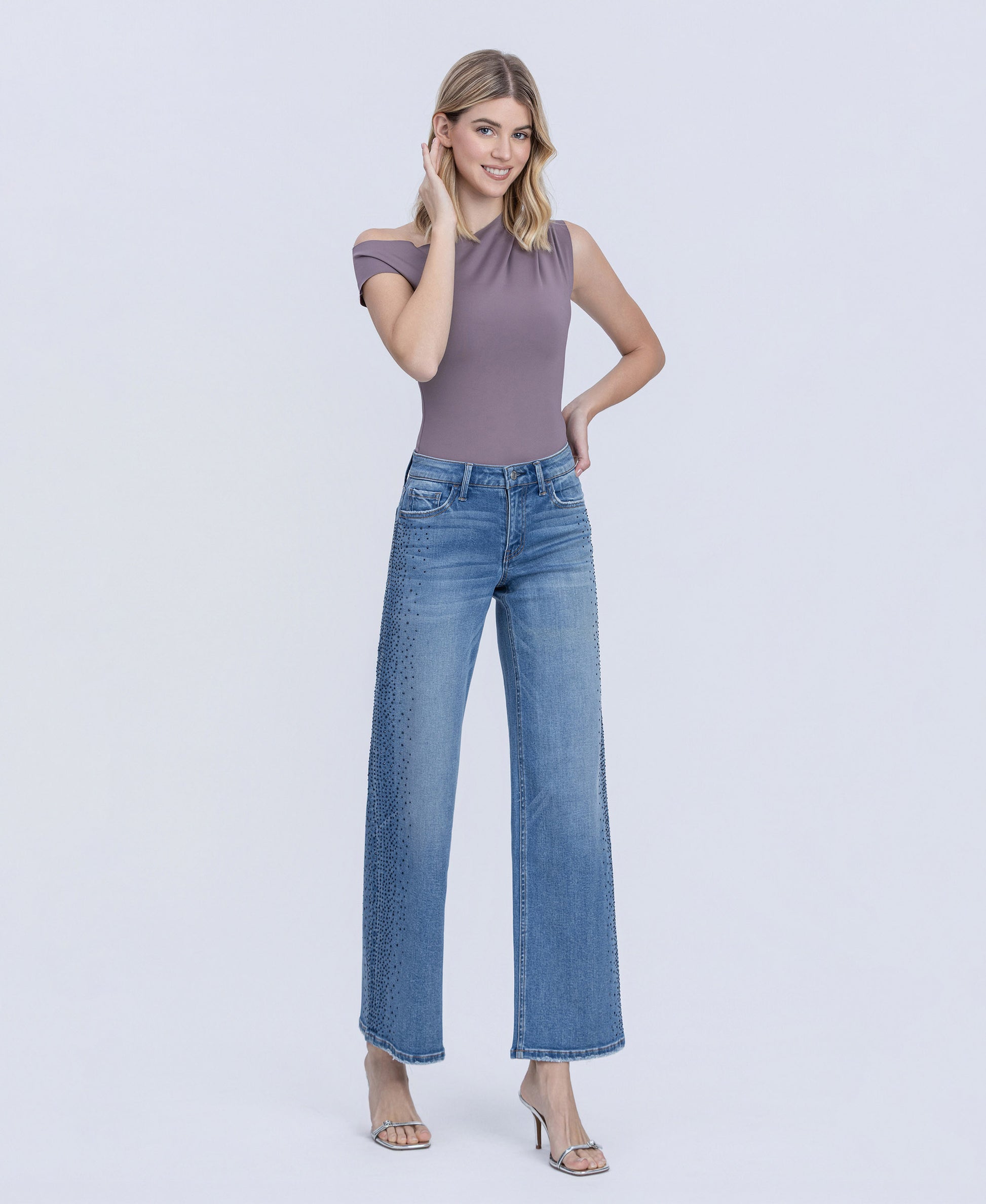 Right 45 degrees product image of Glow - Mid Rise Stone Embellished Wide Leg Jeans