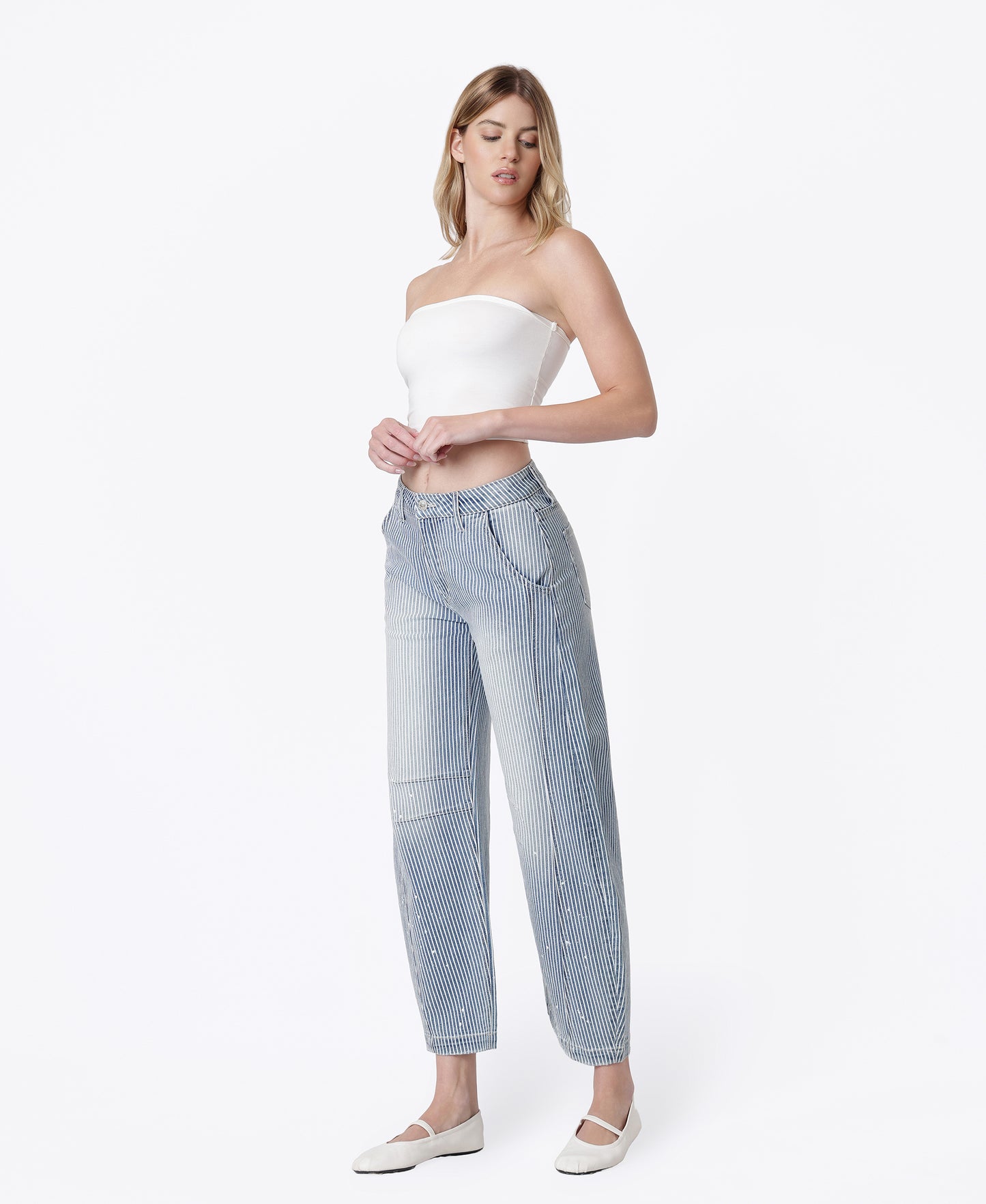 Left 45 degrees product image of Stripe - High Rise Striped Paint Splash Barrel Jeans