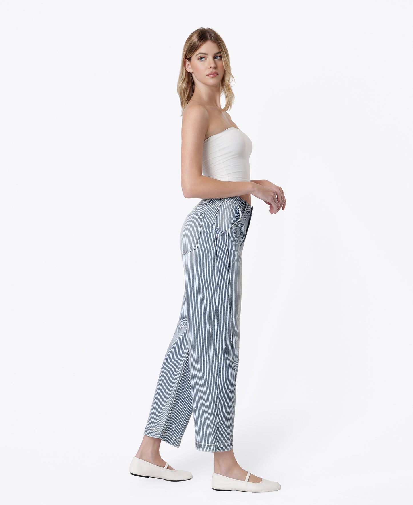 Right 45 degrees product image of Stripe - High Rise Striped Paint Splash Barrel Jeans