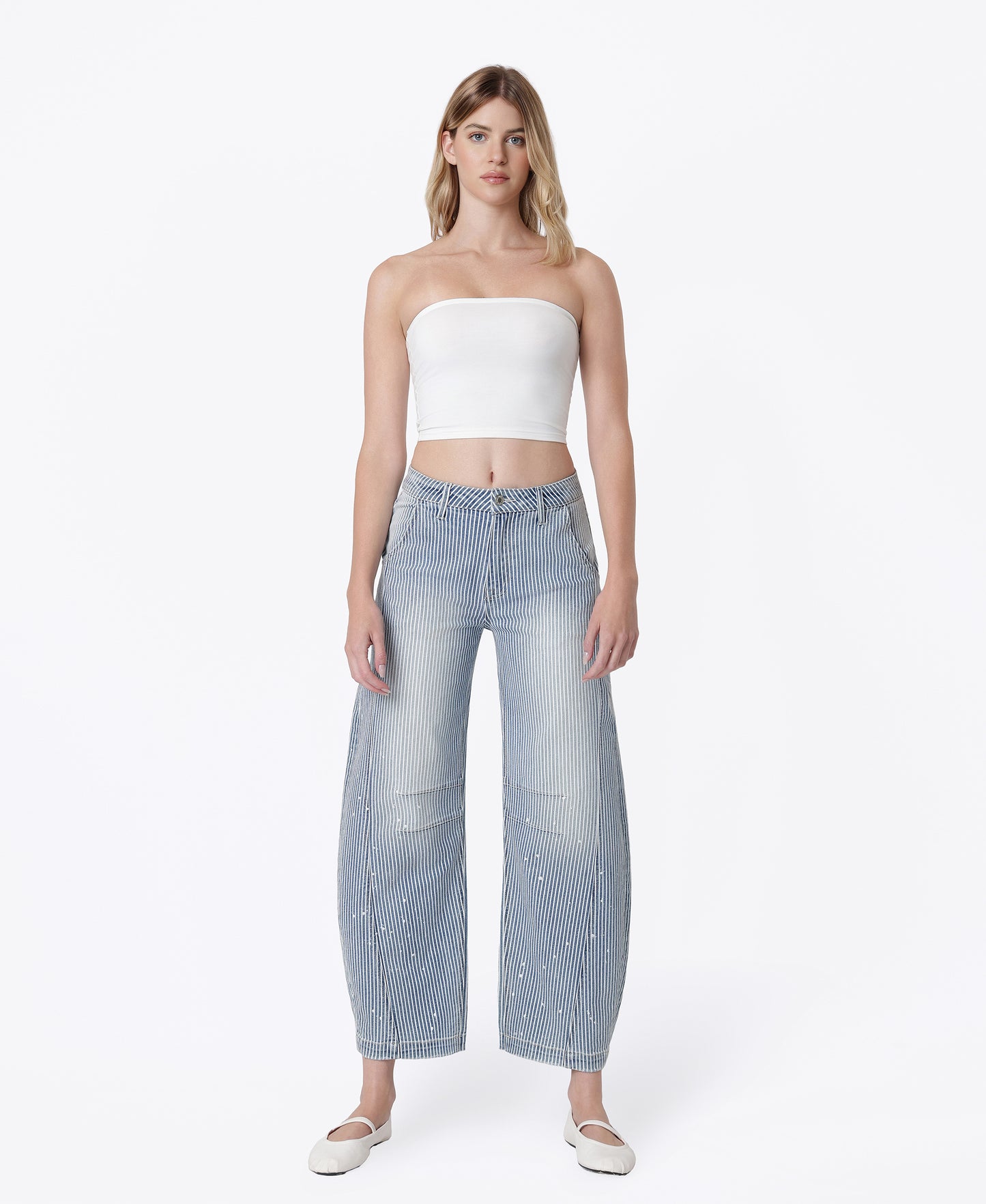 Front product images of Stripe - High Rise Striped Paint Splash Barrel Jeans