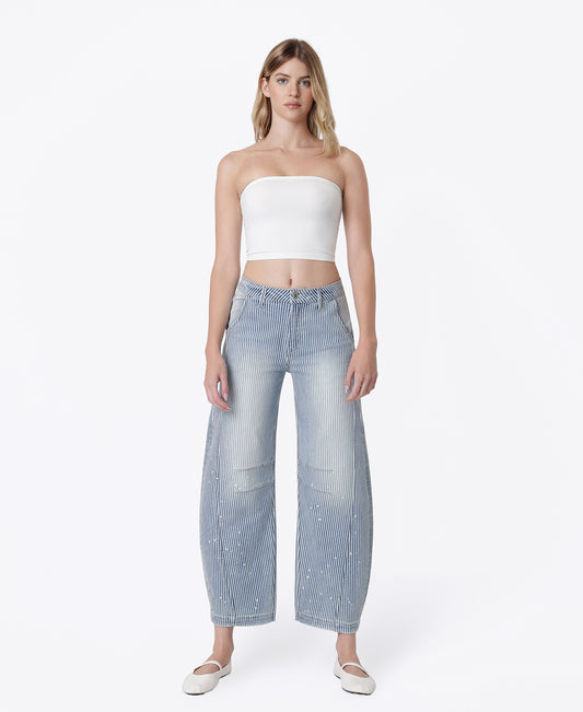 Front product images of Stripe - High Rise Striped Paint Splash Barrel Jeans