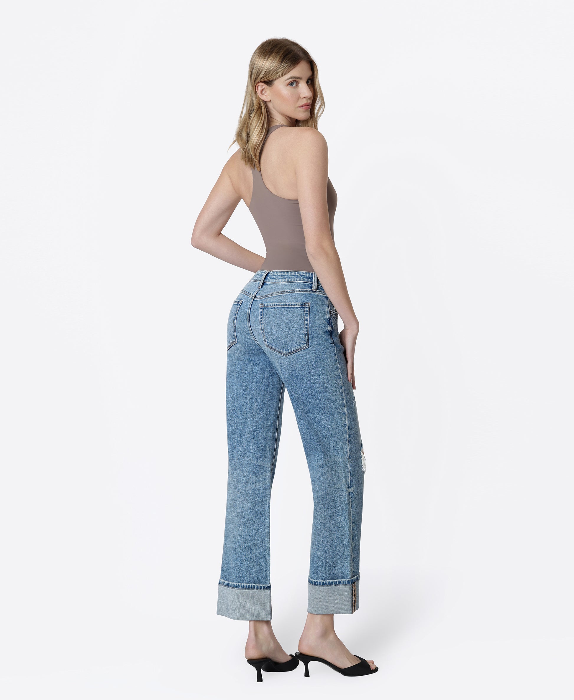 Back product images of  Glitz - Mid Rise Distressed Cuffed Slim Wide Leg Jeans