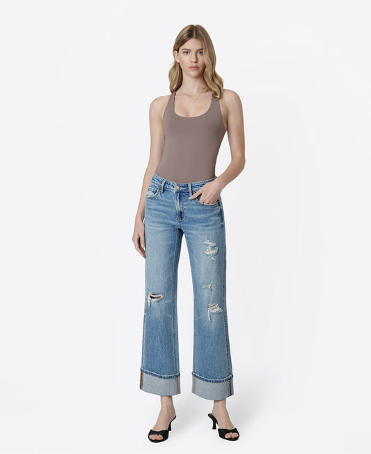 Front product images of Glitz - Mid Rise Distressed Cuffed Slim Wide Leg Jeans