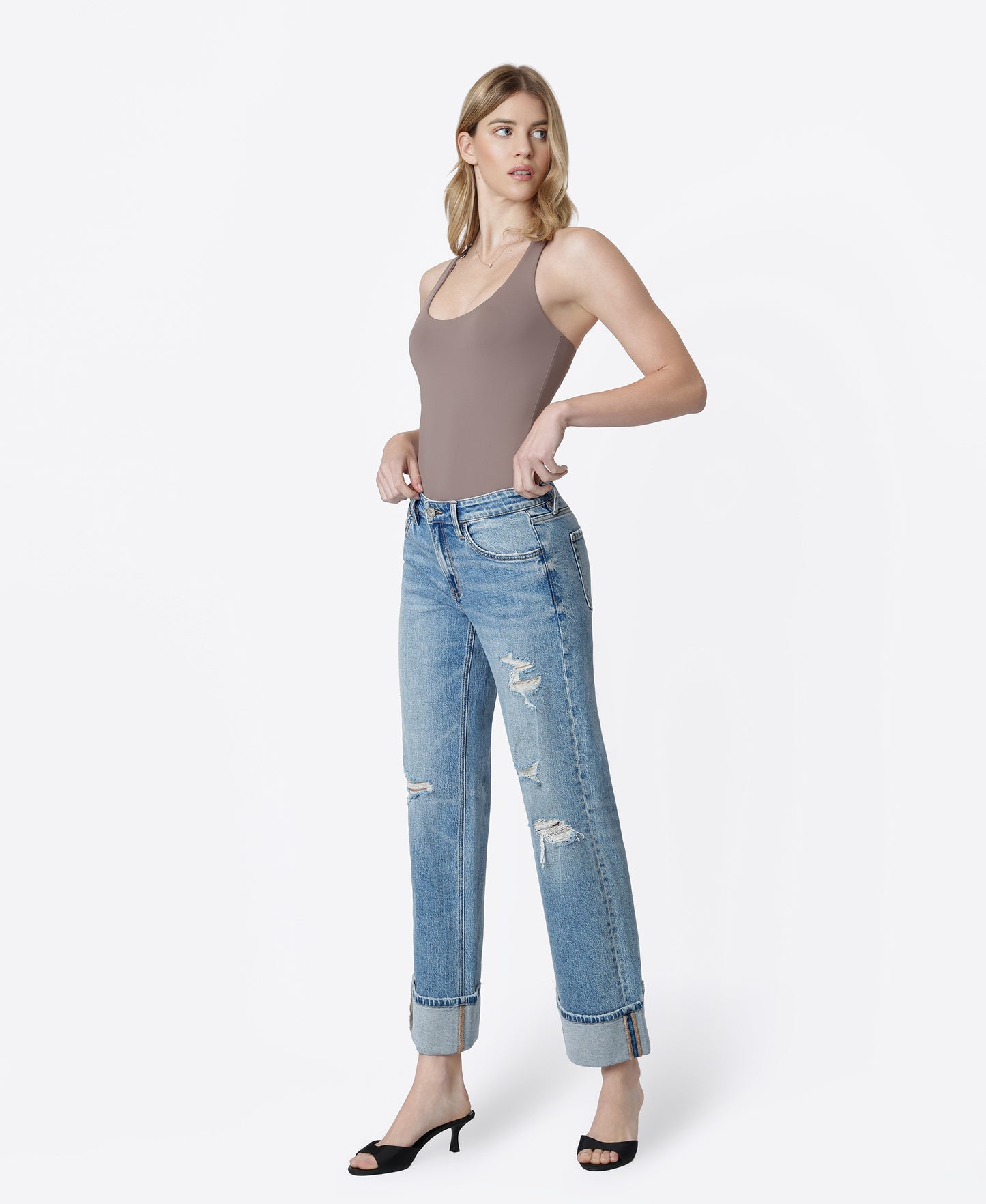 Left 45 degrees product image of Glitz - Mid Rise Distressed Cuffed Slim Wide Leg Jeans