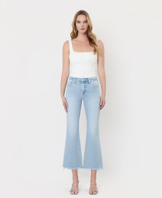 Front product images of Charm - High Rise Uneven Frayed Hem Crop Easy Flare Jeans