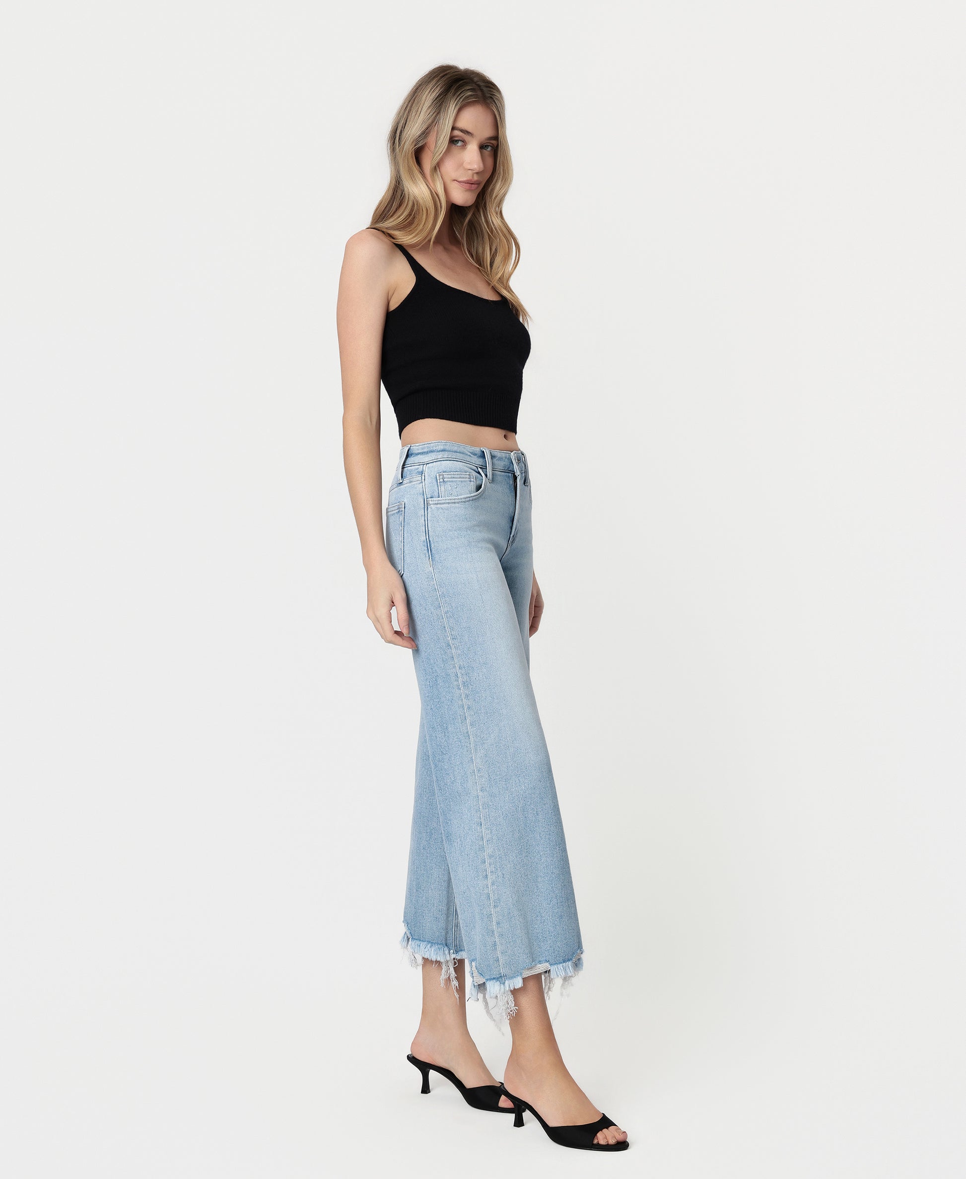 Charming - Mid Rise Raw Distressed Hem Wide Leg Jeans