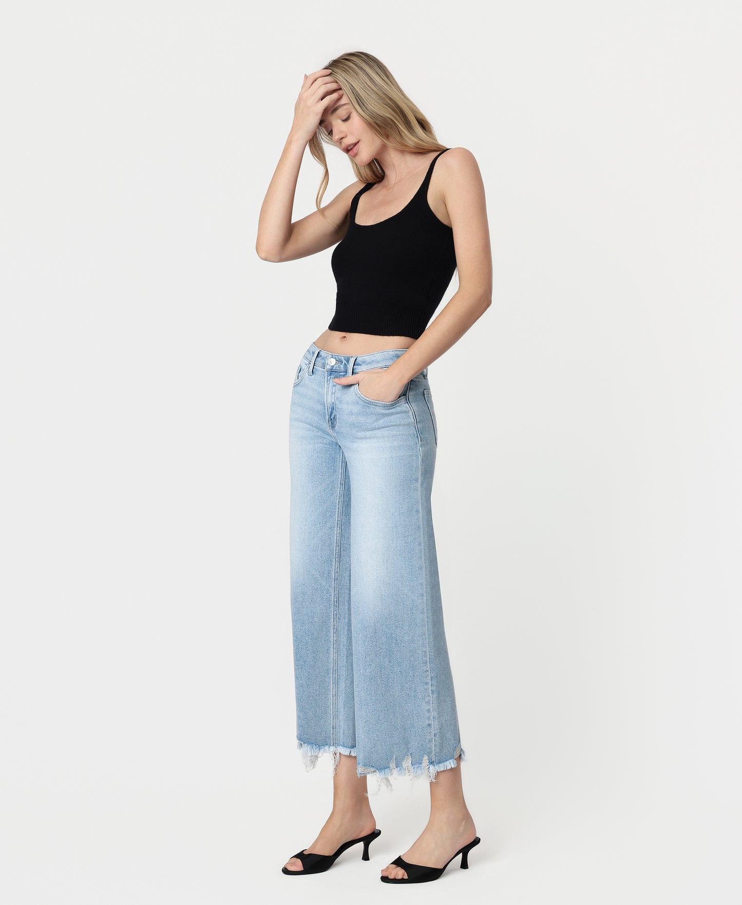 Charming - Mid Rise Raw Distressed Hem Wide Leg Jeans