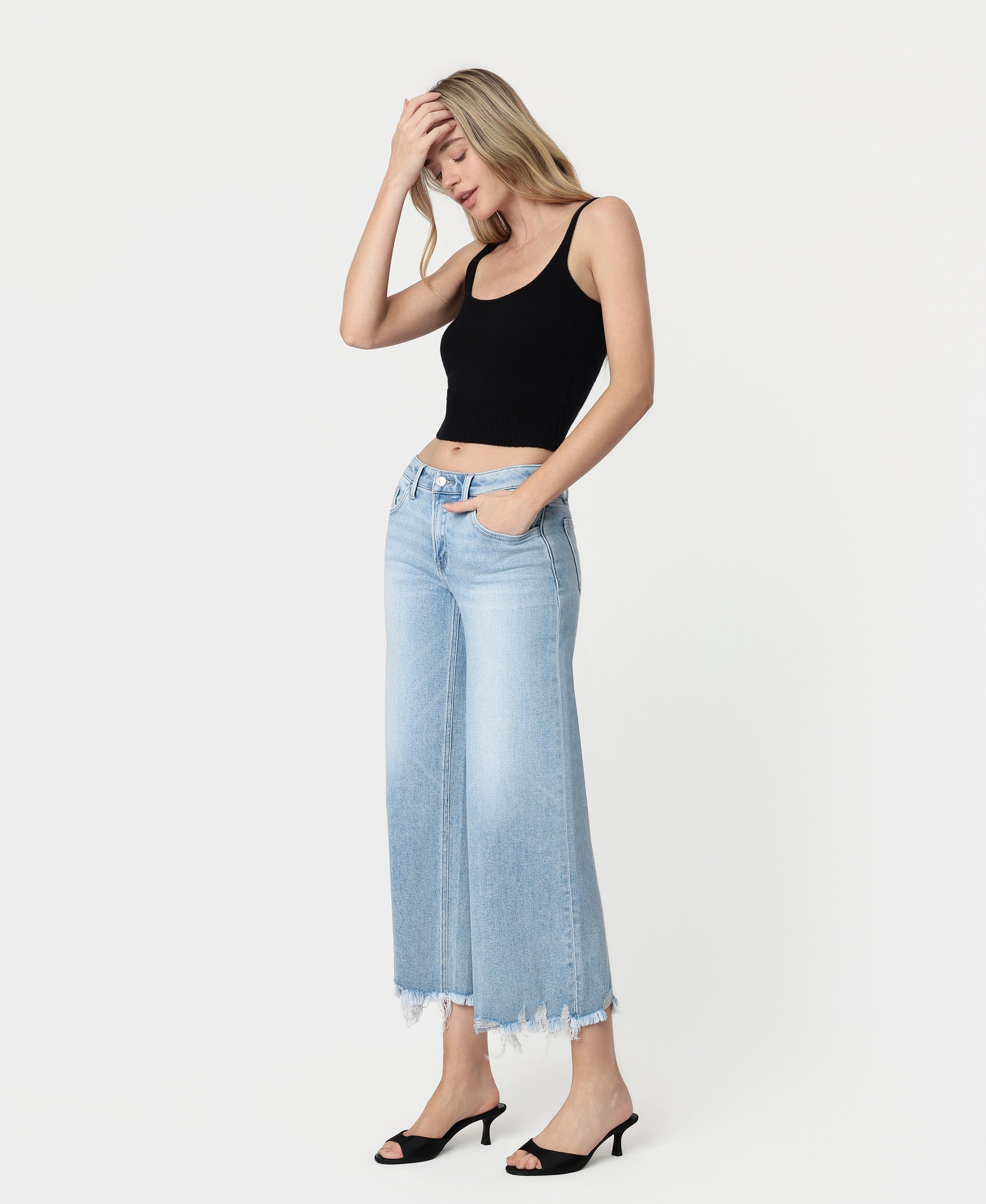 Charming - Mid Rise Raw Distressed Hem Wide Leg Jeans