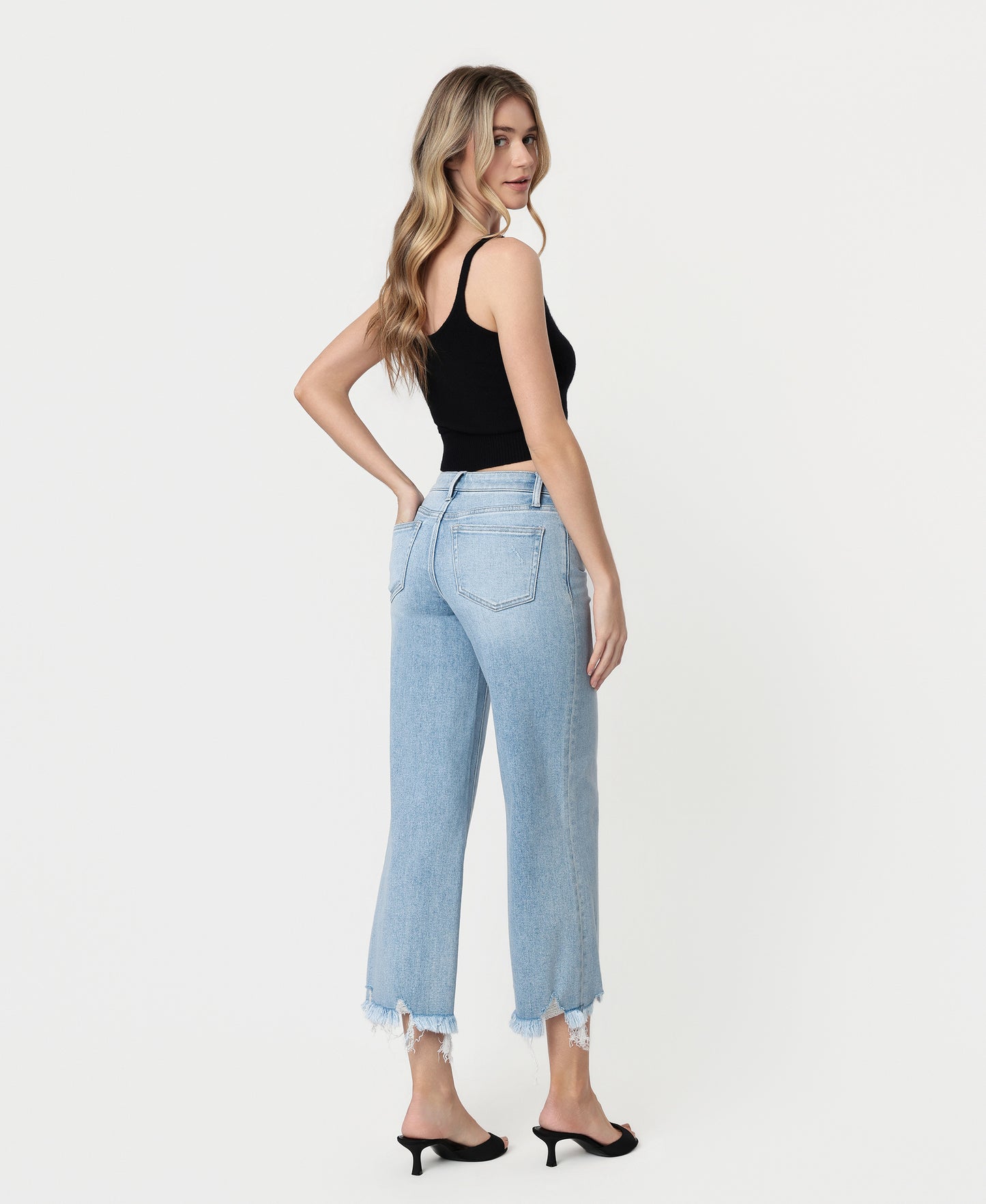 Back product images of Charming - Mid Rise Raw Distressed Hem Wide Leg Jeans