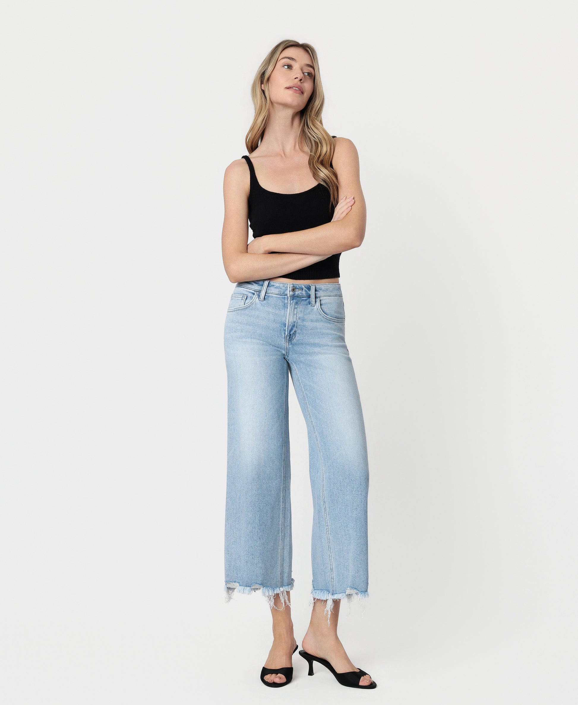 Front product images of Charming - Mid Rise Raw Distressed Hem Wide Leg Jeans