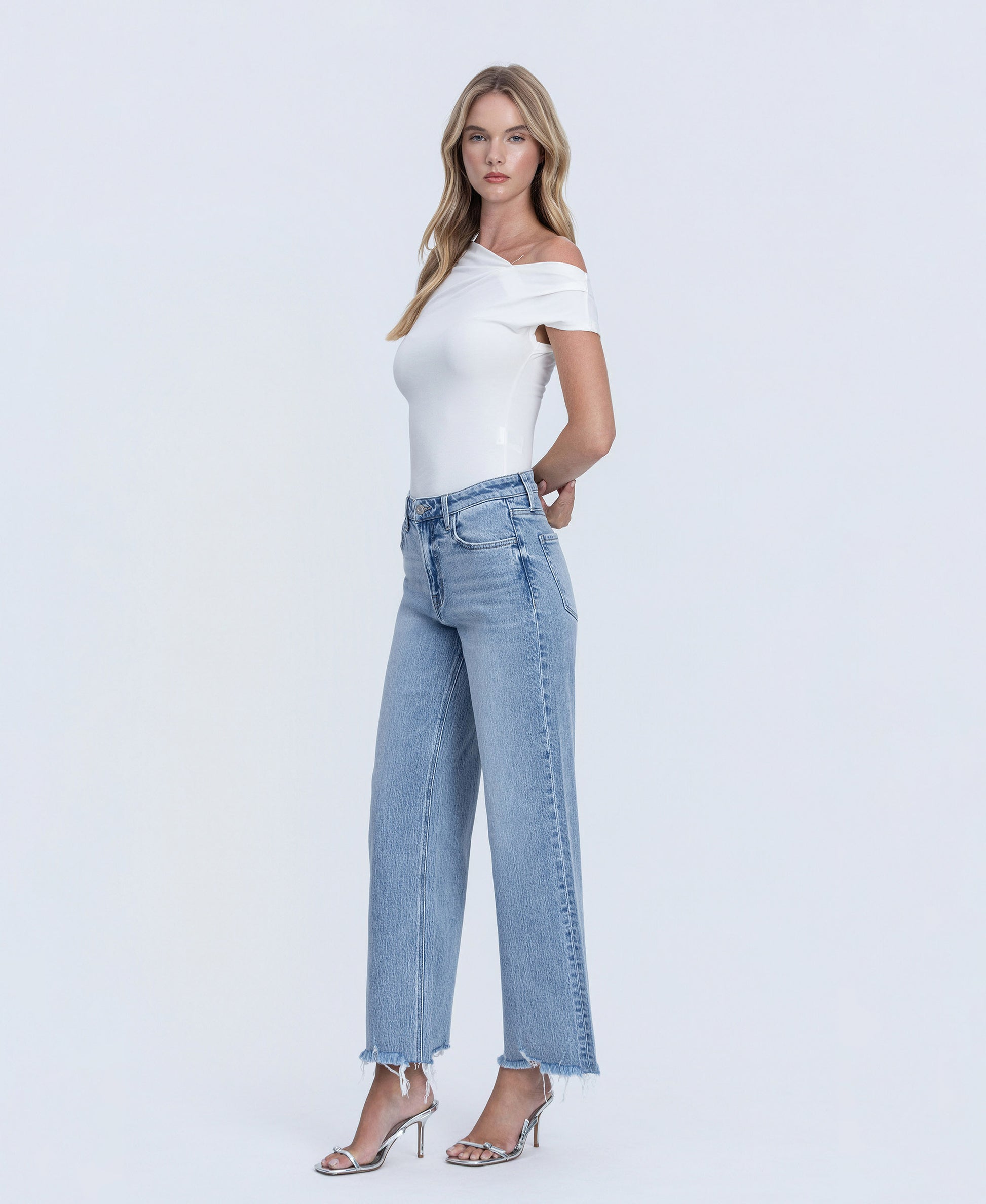 Left 45 degrees product image of God Given - Mid Rise Frayed Ankle Wide Leg Jeans