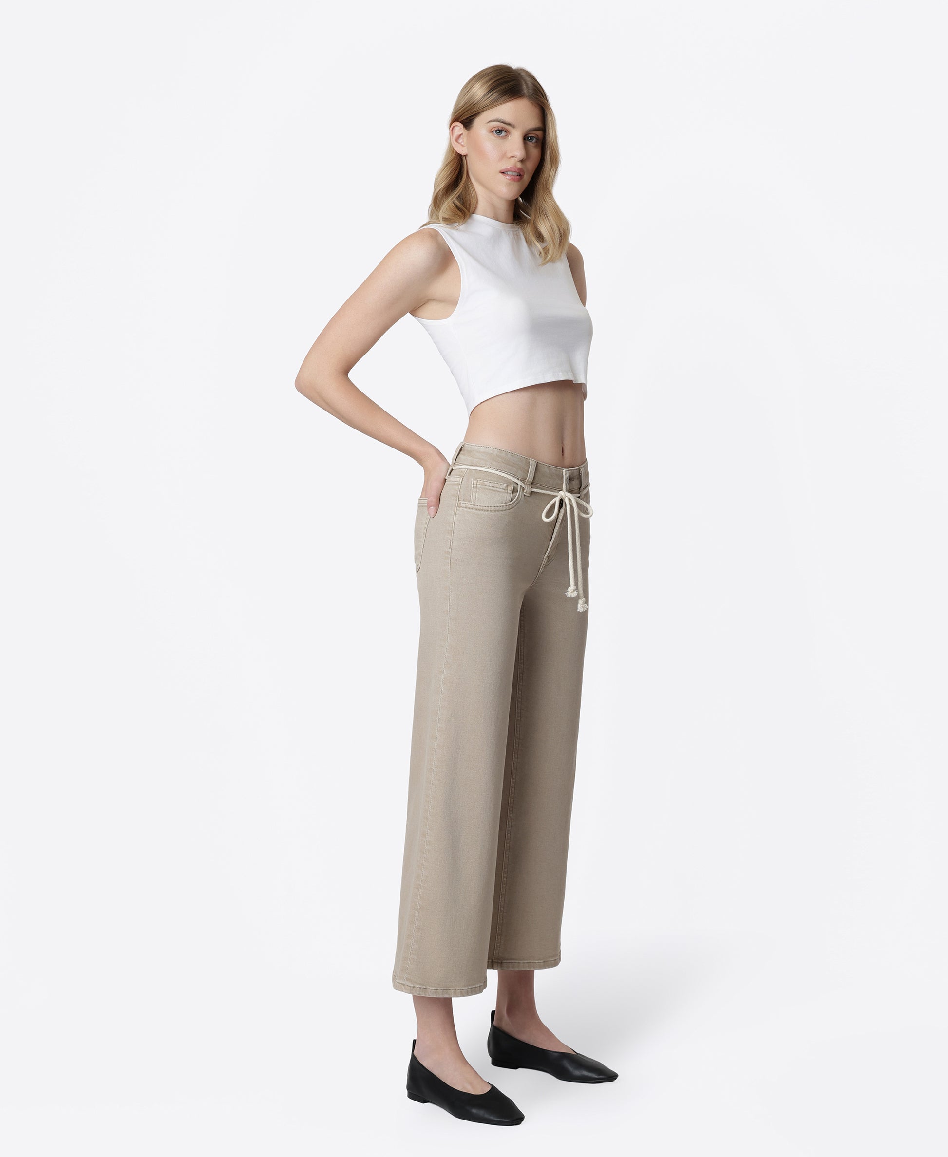 Right 45 degrees product image of Taupe - High Rise Drawstring Crop Wide Leg Jeans