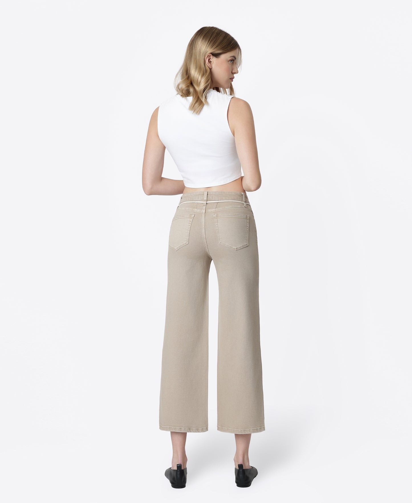 Back product images of Taupe - High Rise Drawstring Crop Wide Leg Jeans